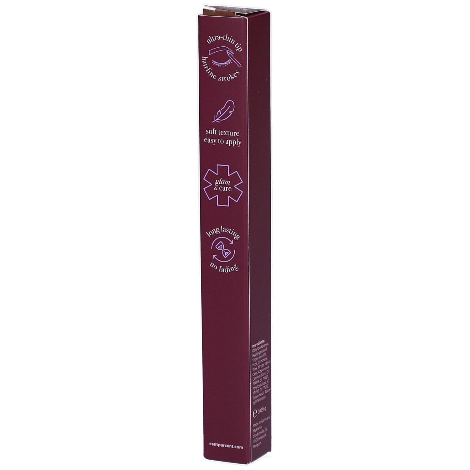 Emballage long et bordeaux. Inscription: Precise Brow. Illustrations: ultra-thin tip, soft texture, glam & care.