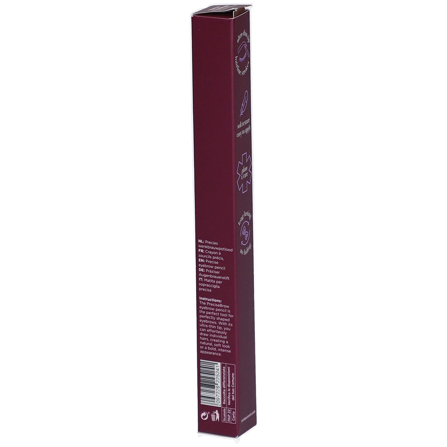 Emballage long et bordeaux. Inscription: Precise Brow. Extraits de texte. Logo: GPD. Code-barres.