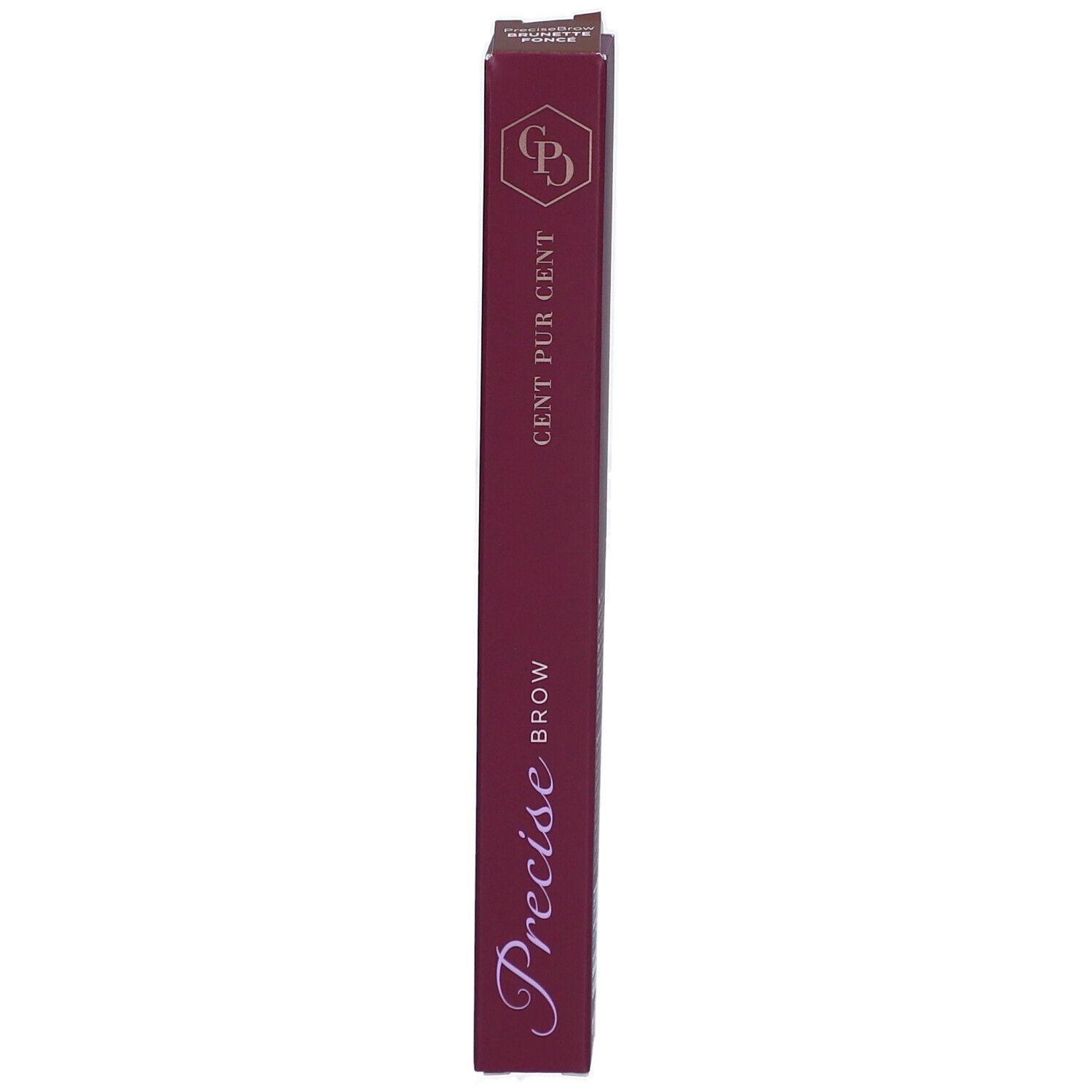 Emballage long et fin, bordeaux. Inscription: Precise Brow, Cent Pur Cent. Logo: GPD.