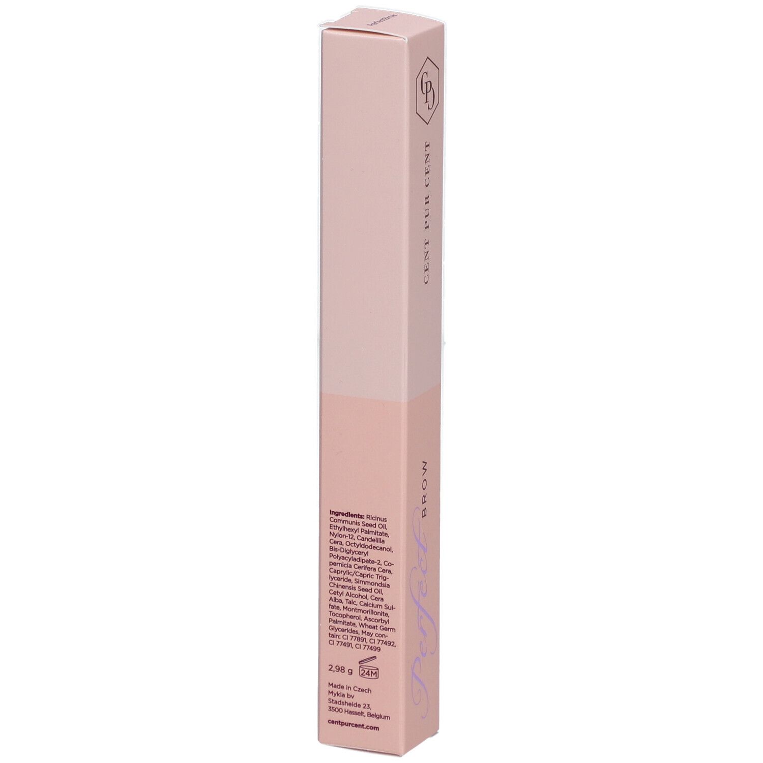 Rosa Verpackung mit Produktnamen Perfect Brow. Schriftzug Cent Pur Cent. Aufdruck: Brow. Zutatenliste.