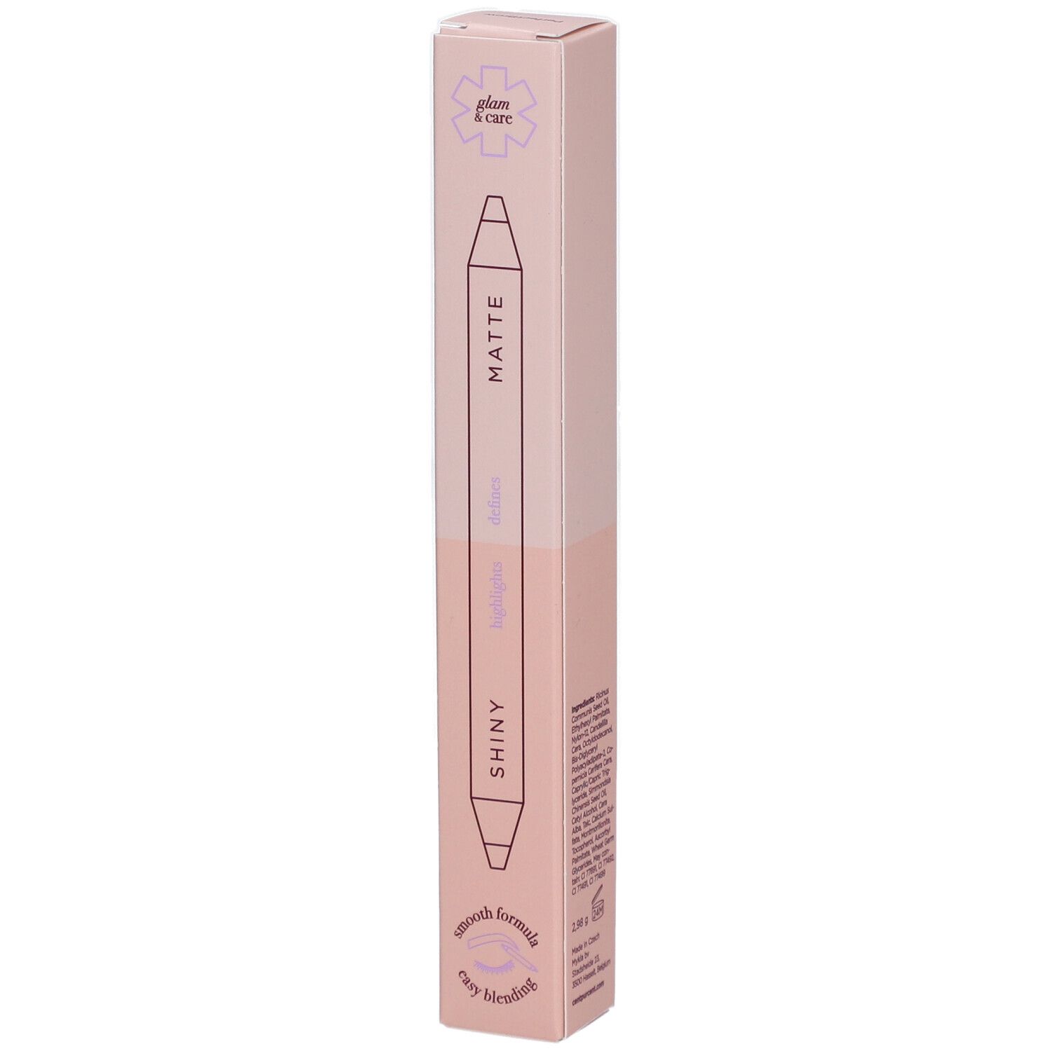 Rosa Verpackung mit Produktnamen. Aufdruck: Shiny, Matte, Highlighter. Logo Glam & Care.