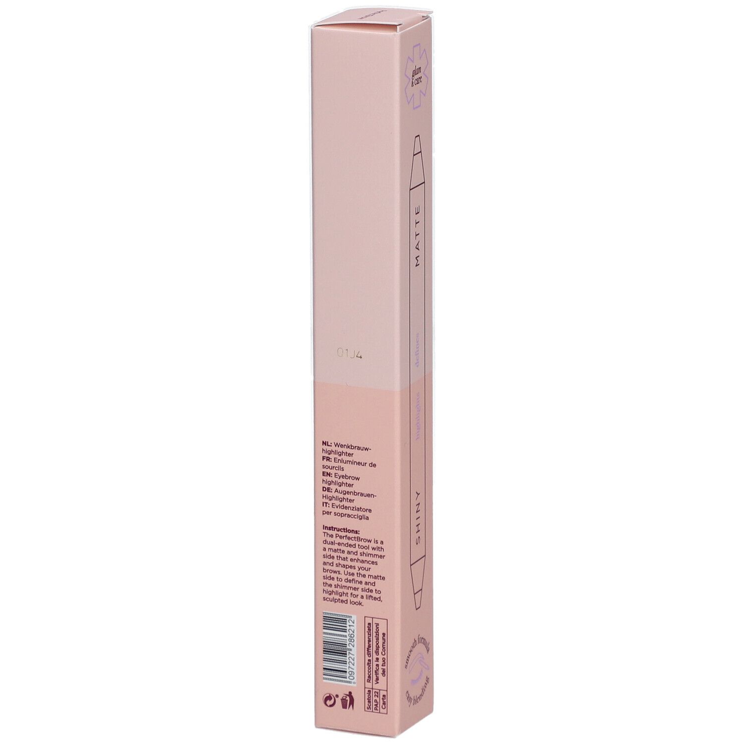 Rosa Verpackung mit Produktnamen. Aufdruck: Shiny, Matte, Highlighter. Text mit Produktinformationen.
