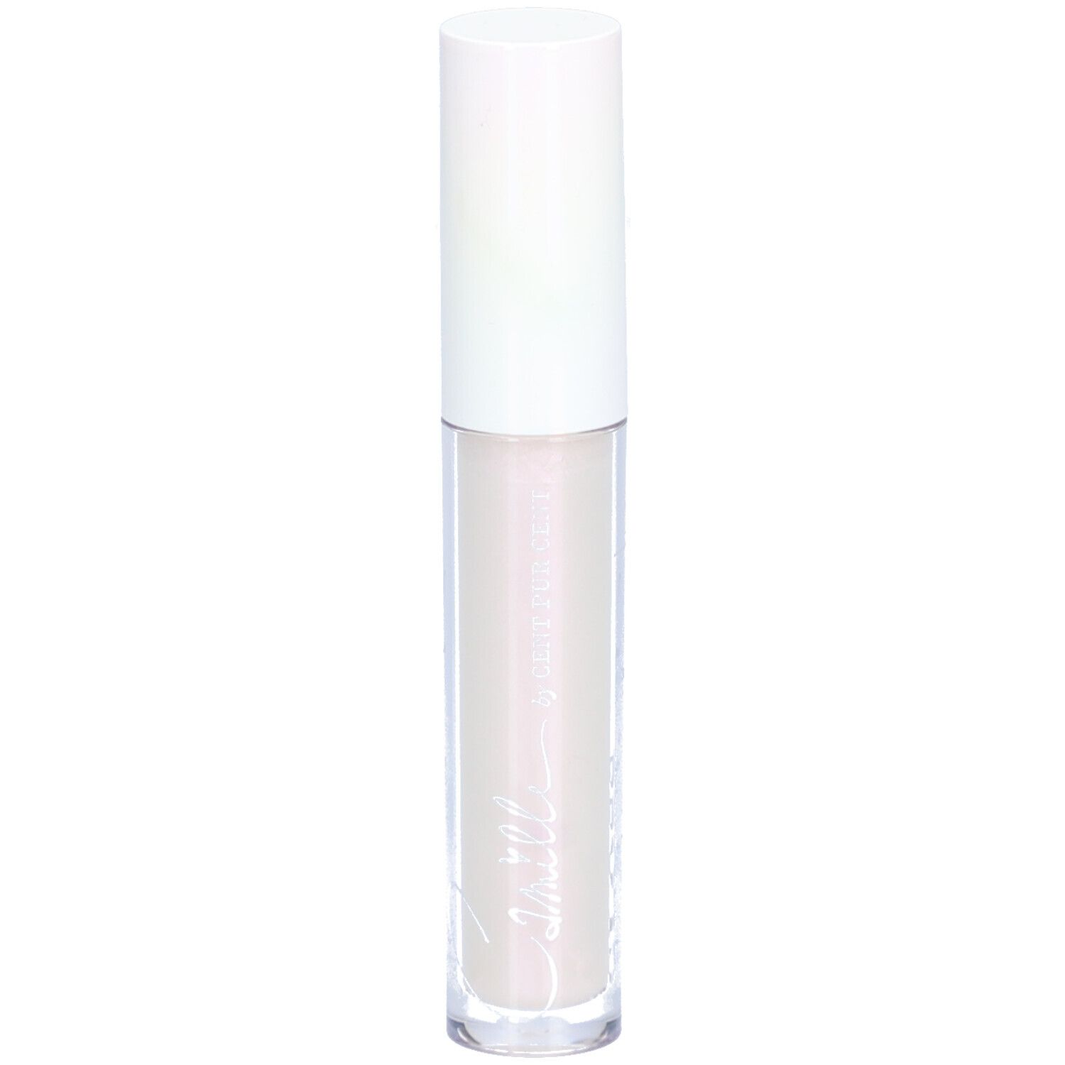 Lipgloss tube met witte dop. Transparante tube met lichte inhoud. Opschrift Camille.