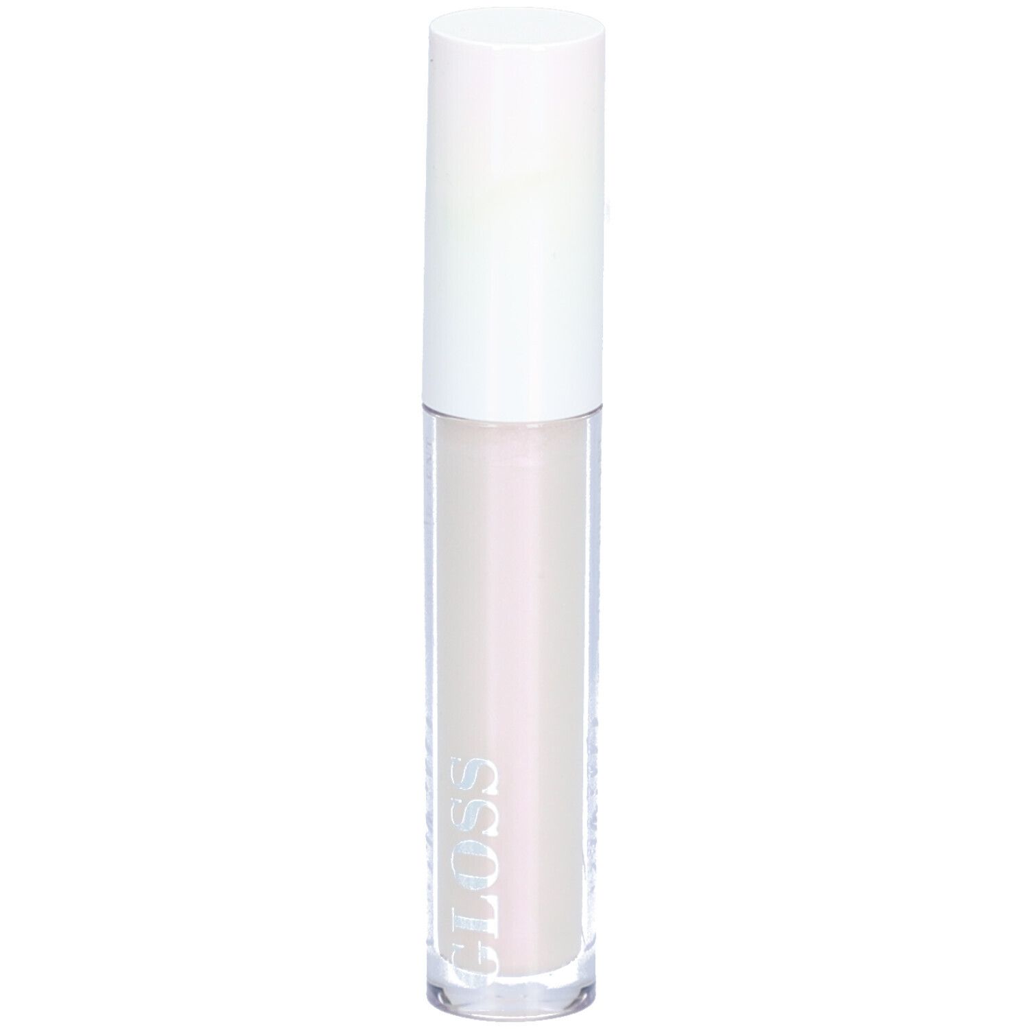 Lipgloss tube met witte dop. Transparante tube met lichte inhoud. Opschrift GLOSS.