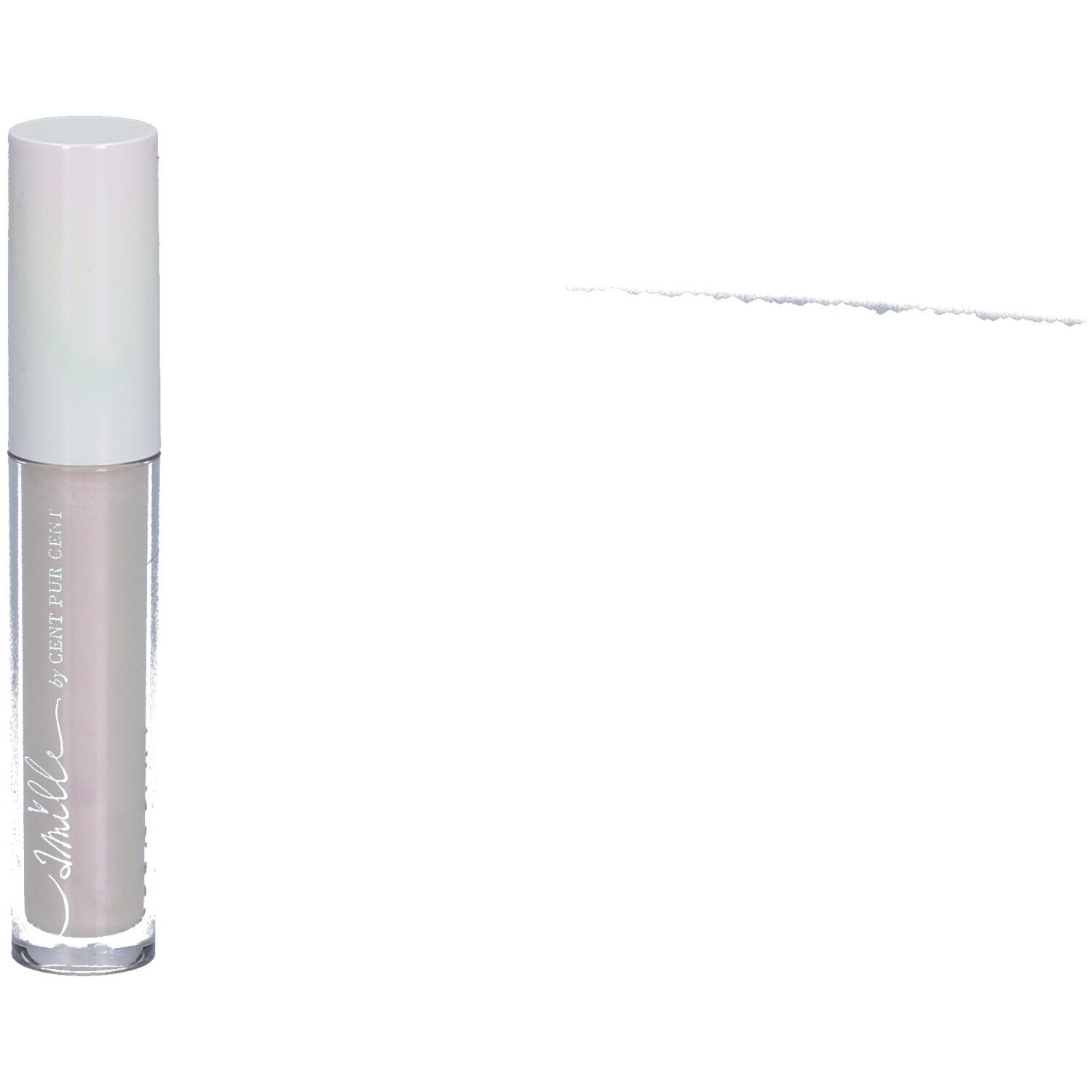 Lipgloss tube met witte dop. Transparante tube met lichte inhoud. Opschrift Camille.