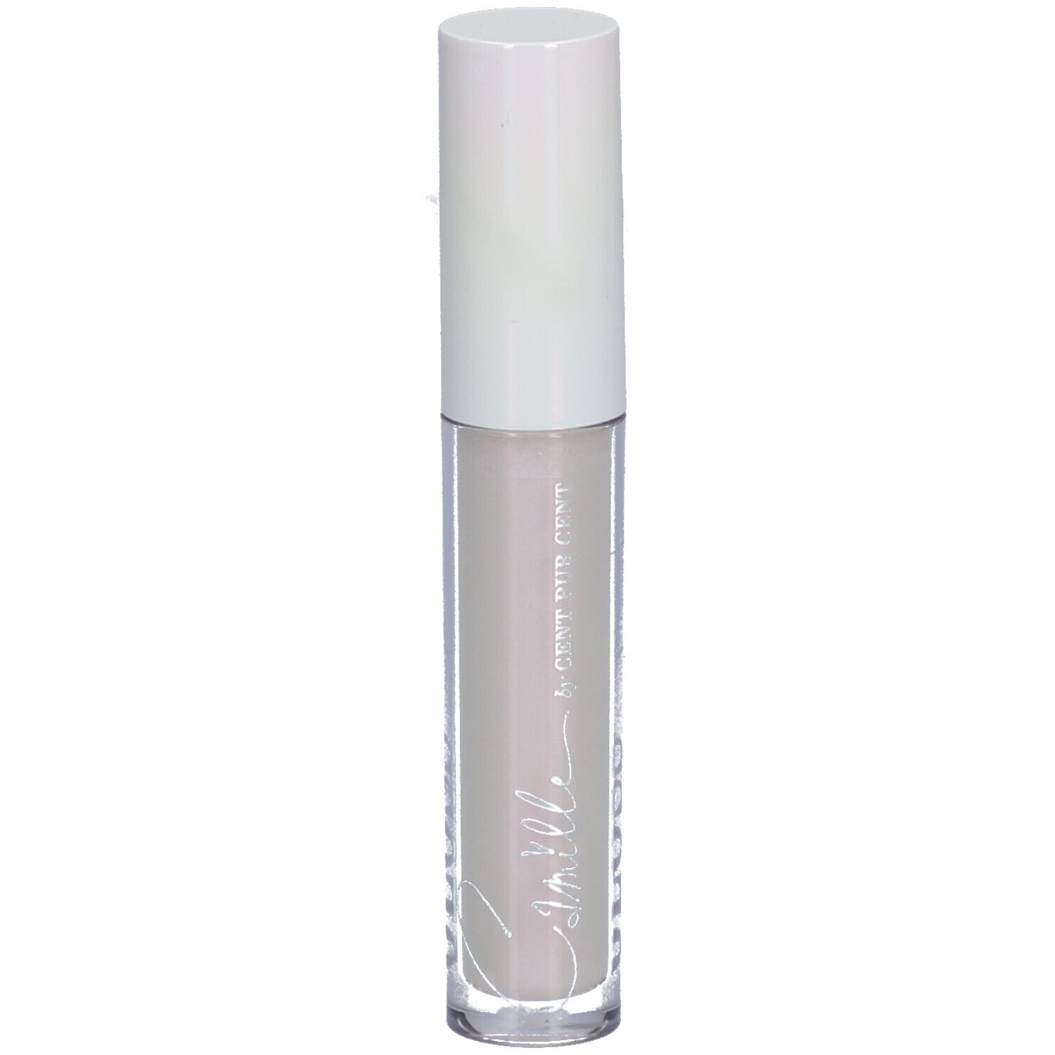 Lipgloss tube met witte dop. Transparante tube met lichte inhoud. Opschrift Camille.