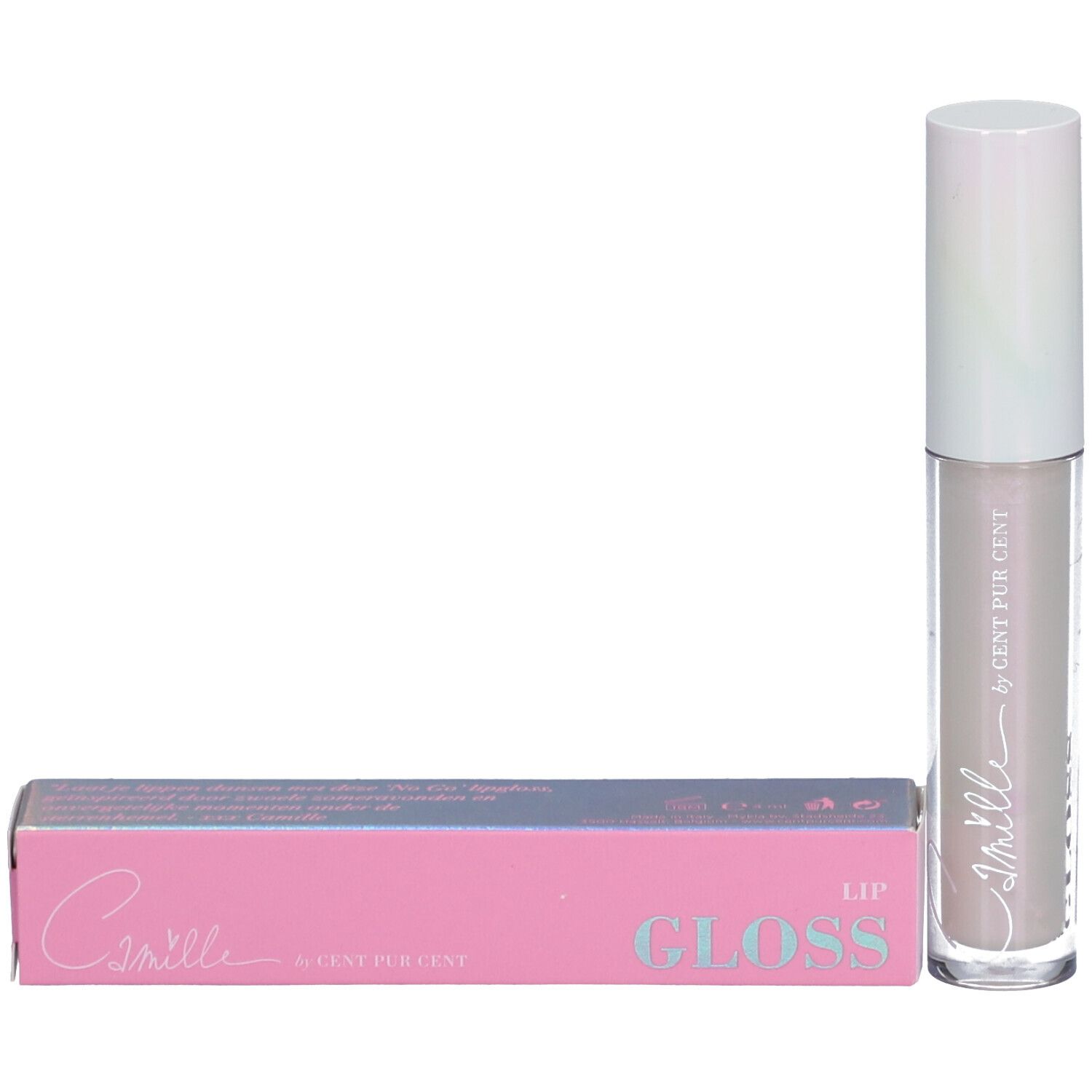 Lipgloss tube en verpakking. Tube met witte dop. Roze verpakking met opschrift Camille.