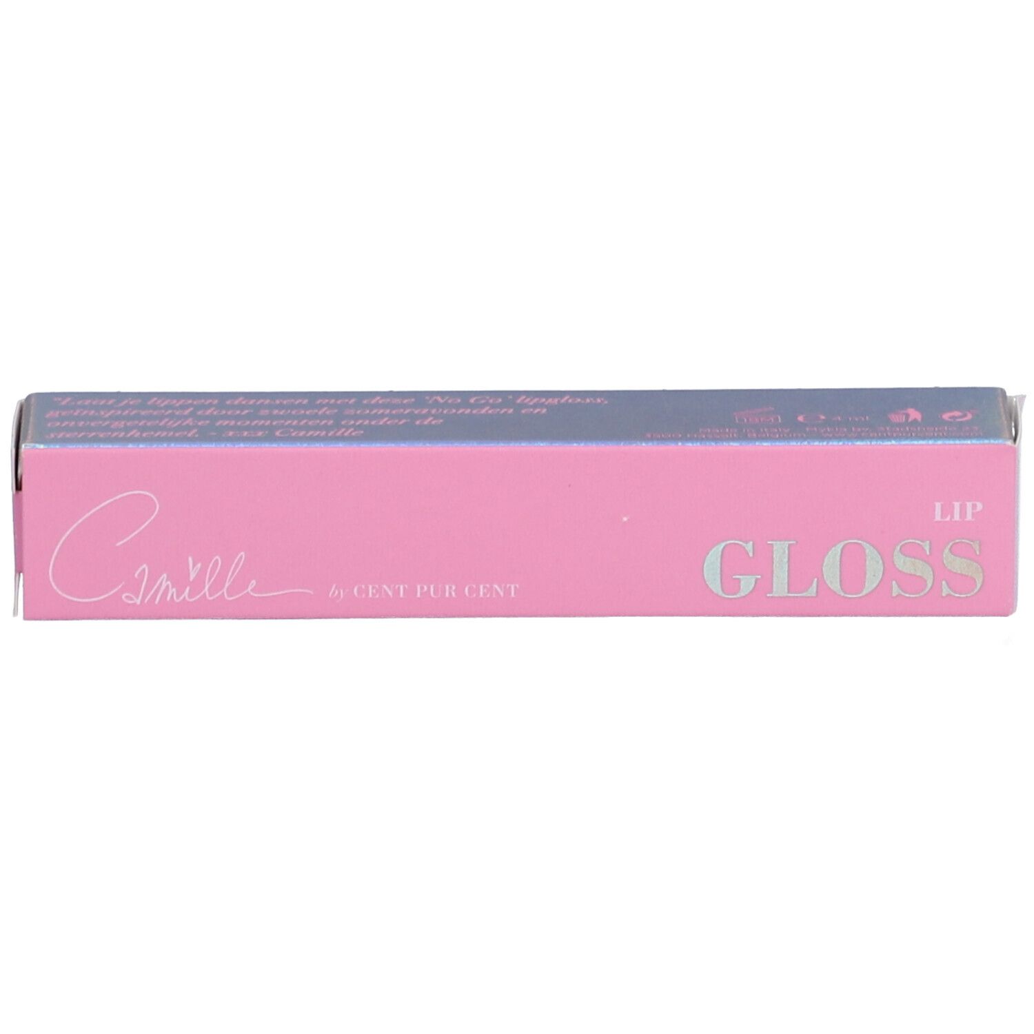 Roze verpakking met opschrift Camille en GLOSS. Tekst in witte letters.