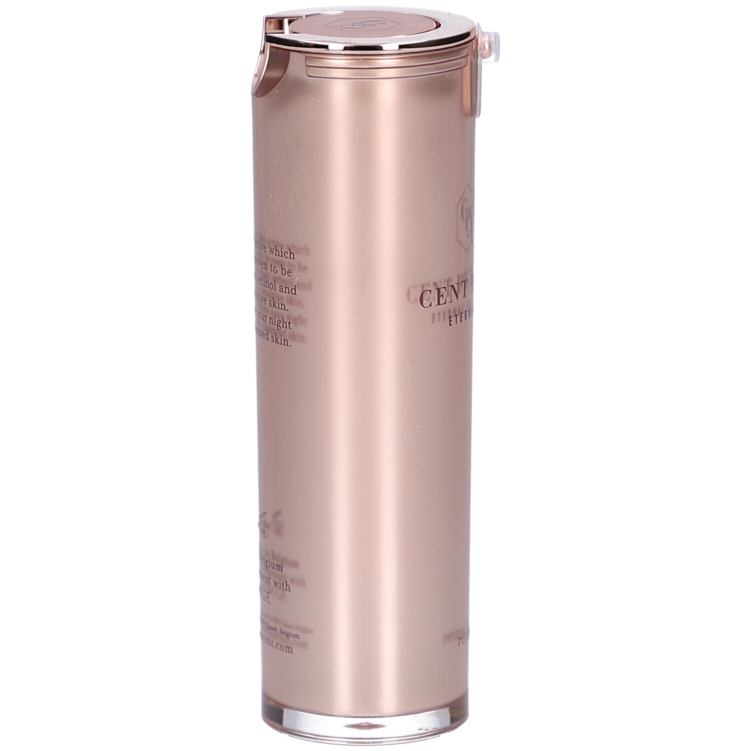Roségoldene zylindrische Flasche. Silberner Deckel mit Ausgießer. Aufschrift: CENT PUR CENT, Eternal Skincare. Text auf der Seite.
