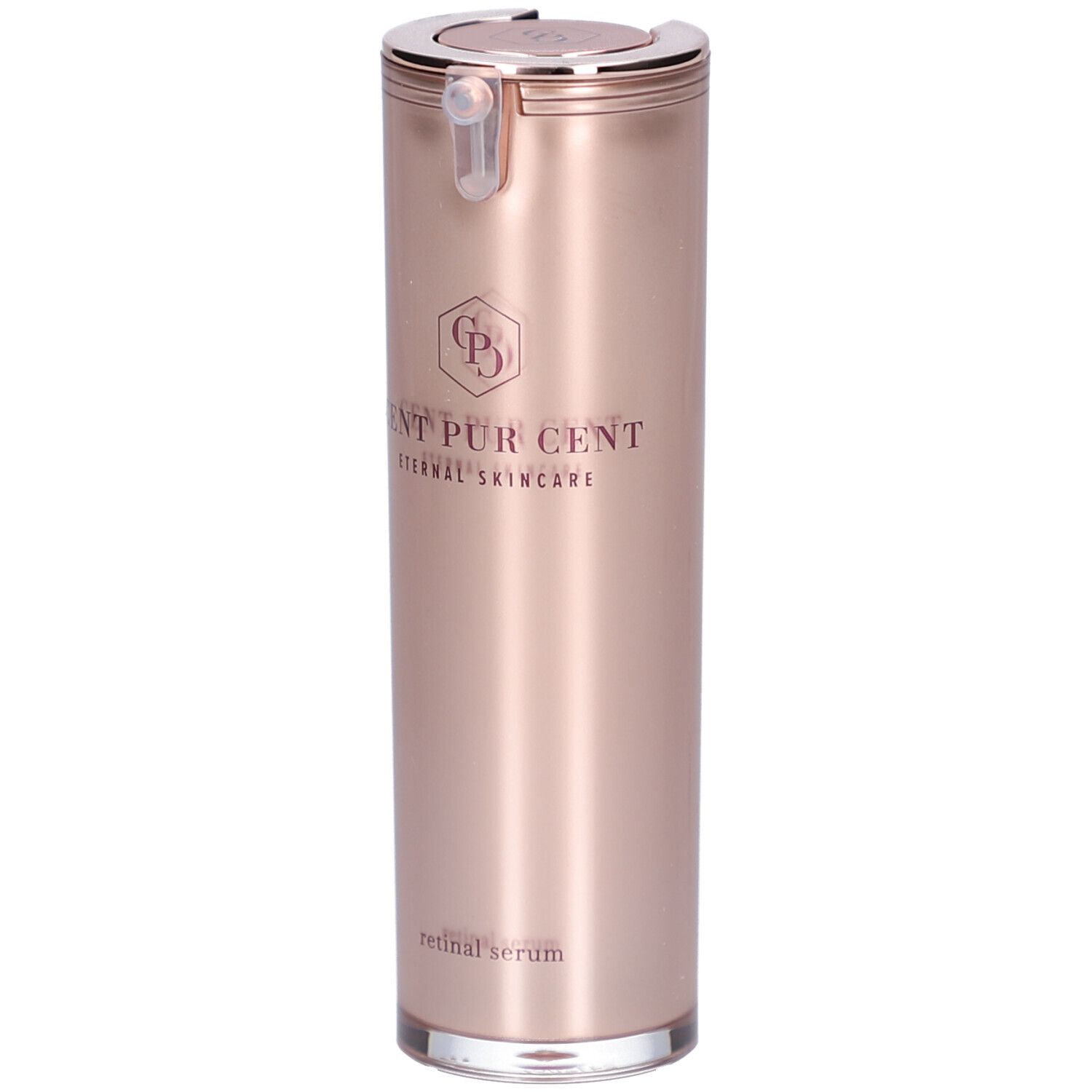 Zylindrische Flasche, roségoldfarben, silberner Deckel. Aufschrift: CENT PUR CENT, Eternal Skincare. Retinal Serum.