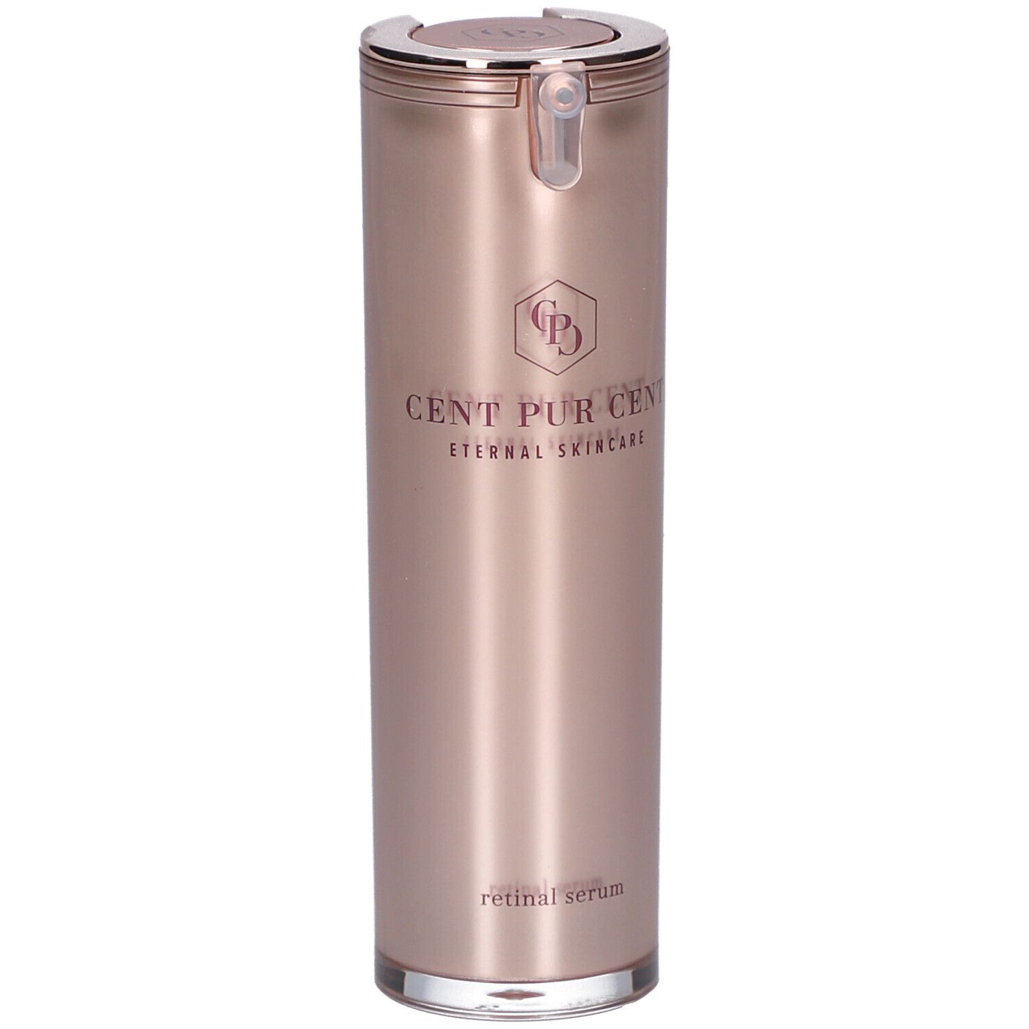 Zylindrische Flasche, roségoldfarben, silberner Deckel. Aufschrift: CENT PUR CENT, Eternal Skincare. Retinal Serum.