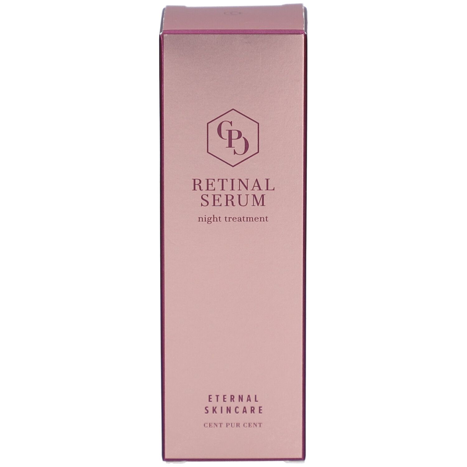 Kartonverpackung. Rosa mit Aufschrift: Retinal Serum, Eternal Skincare, CENT PUR CENT.