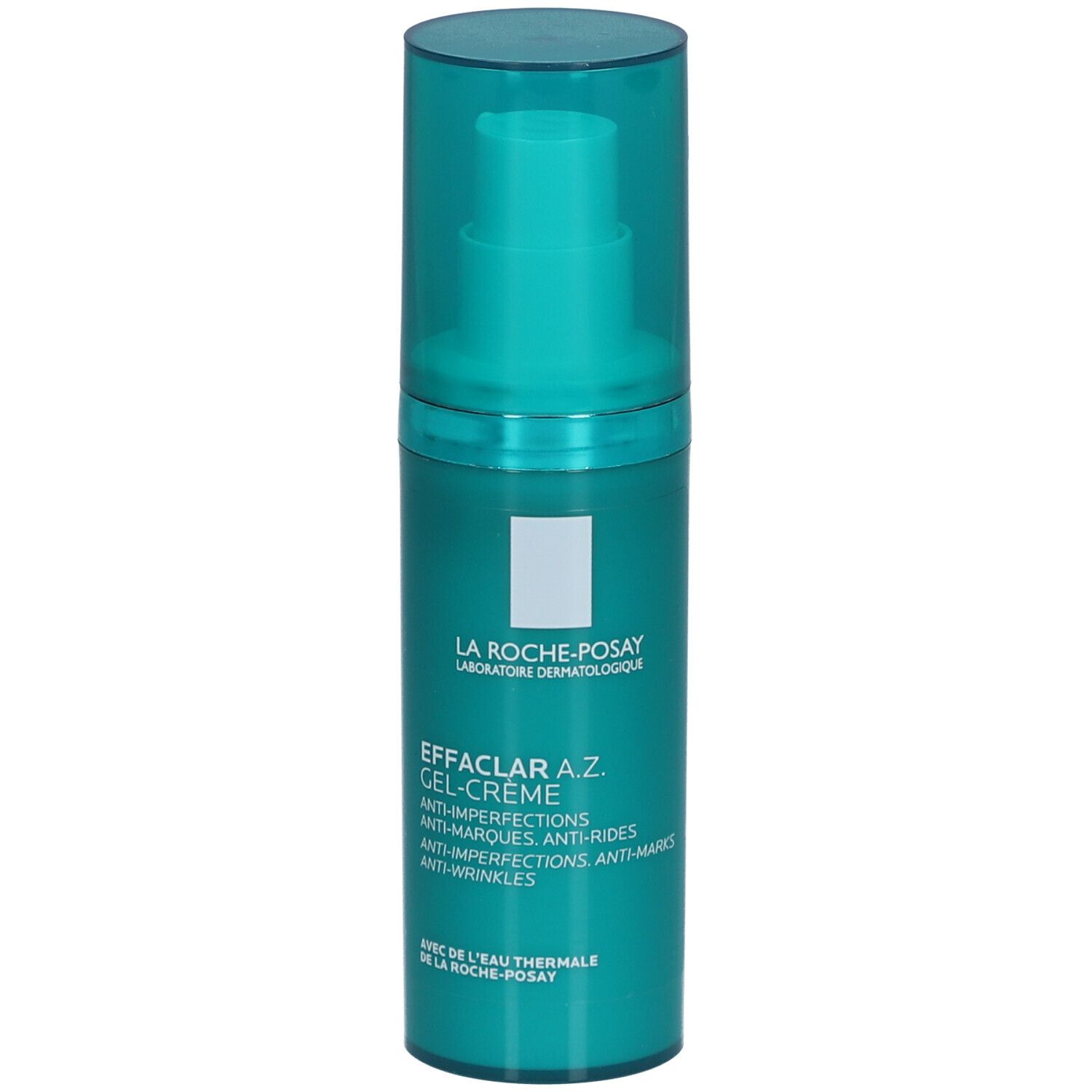 Grüne Flasche La Roche-Posay Effaclar A.Z. Gel-Crème. Mit Pumpe und Deckel. Text: Anti-Unreinheiten, Anti-Marken, Anti-Falten.