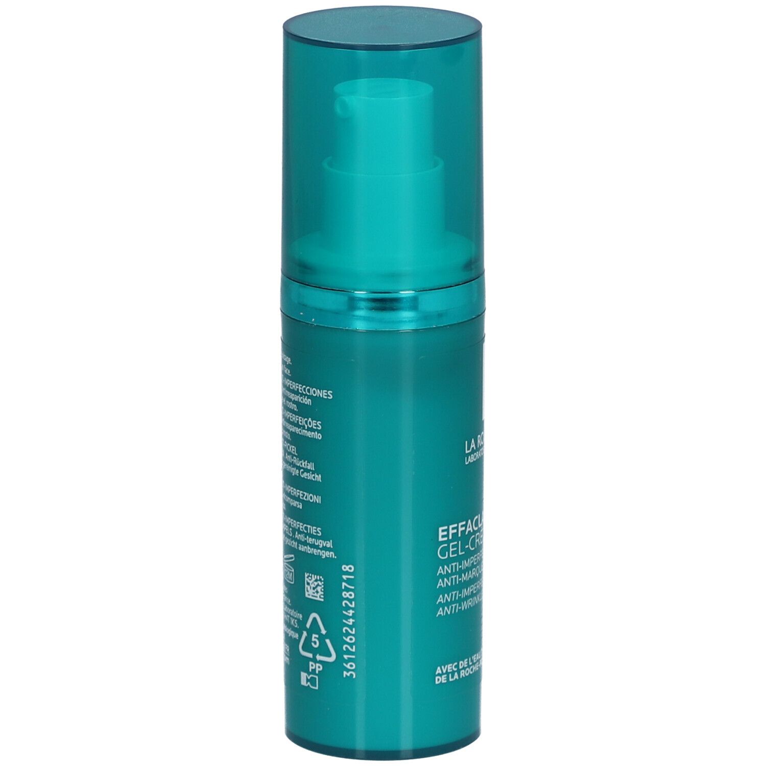 Rückseite der grünen Flasche La Roche-Posay Effaclar A.Z. Gel-Crème. Text und Barcode.