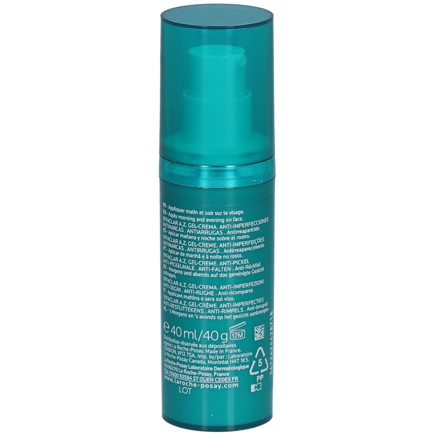 Rückseite der grünen Flasche La Roche-Posay Effaclar A.Z. Gel-Crème. Text mit Anwendungshinweisen.