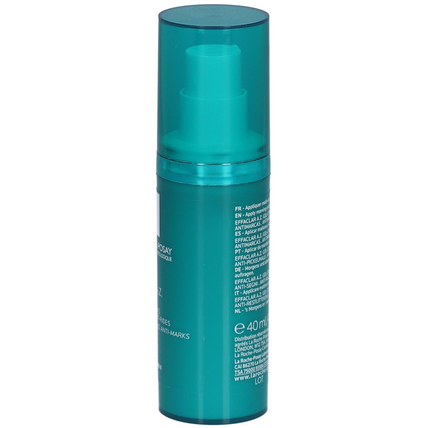 Rückseite der grünen Flasche La Roche-Posay Effaclar A.Z. Gel-Crème. Text mit Anwendungshinweisen.