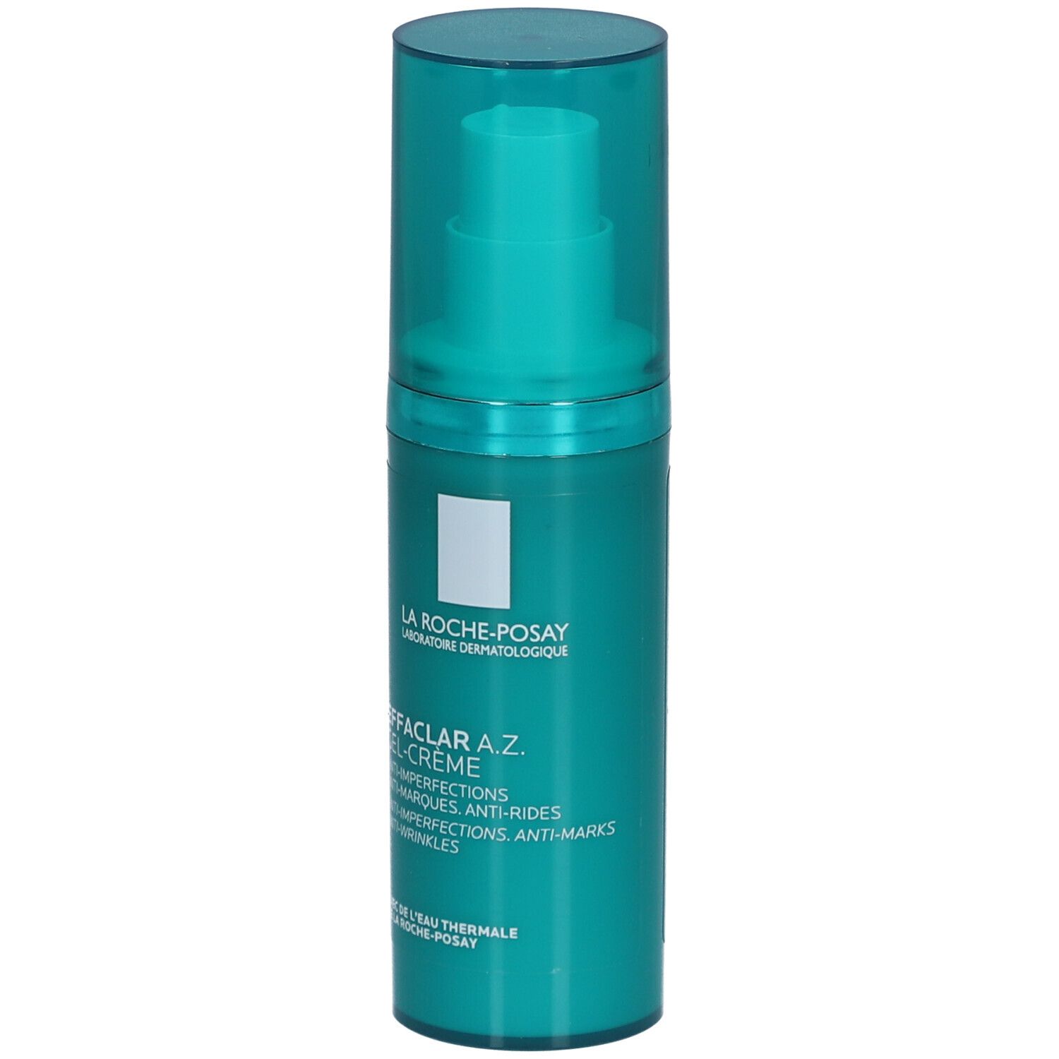 Grüne Flasche La Roche-Posay Effaclar A.Z. Gel-Crème. Mit Pumpe und Deckel. Text: Anti-Unreinheiten, Anti-Marken, Anti-Falten.