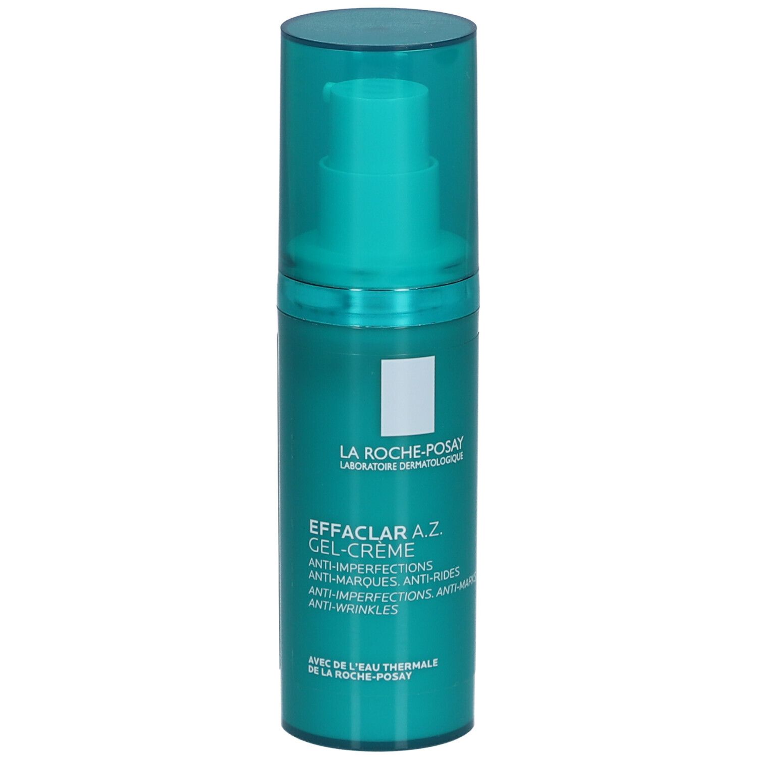 Grüne Flasche La Roche-Posay Effaclar A.Z. Gel-Crème. Mit Pumpe und Deckel. Text: Anti-Unreinheiten, Anti-Marken, Anti-Falten.