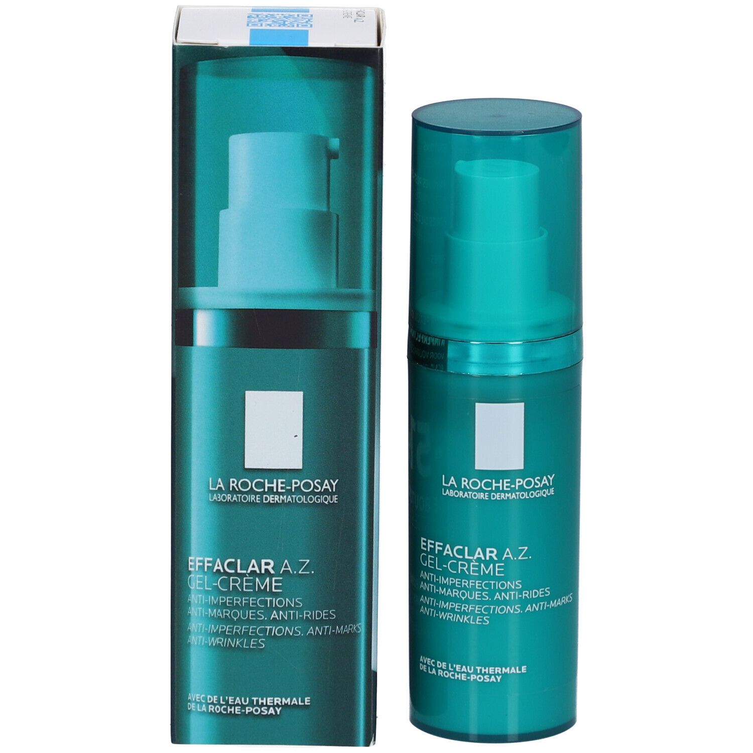 La Roche-Posay Effaclar A.Z. Gel-Crème mit Verpackung. Grüne Flasche mit Pumpe und Deckel.