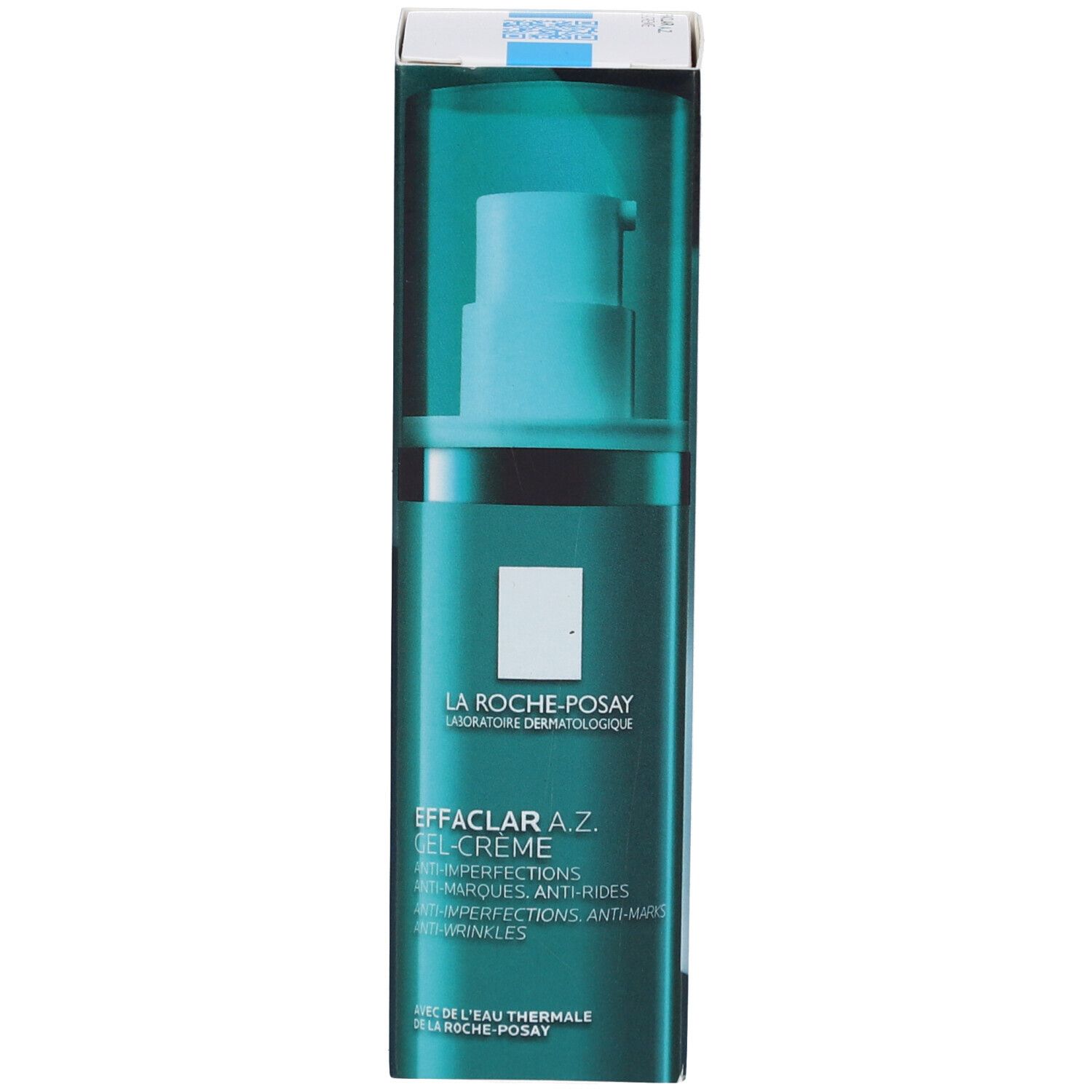 La Roche-Posay Effaclar A.Z. Gel-Crème. Grüne Flasche mit Pumpe und Deckel. Text: Anti-Unreinheiten, Anti-Marken, Anti-Falten.