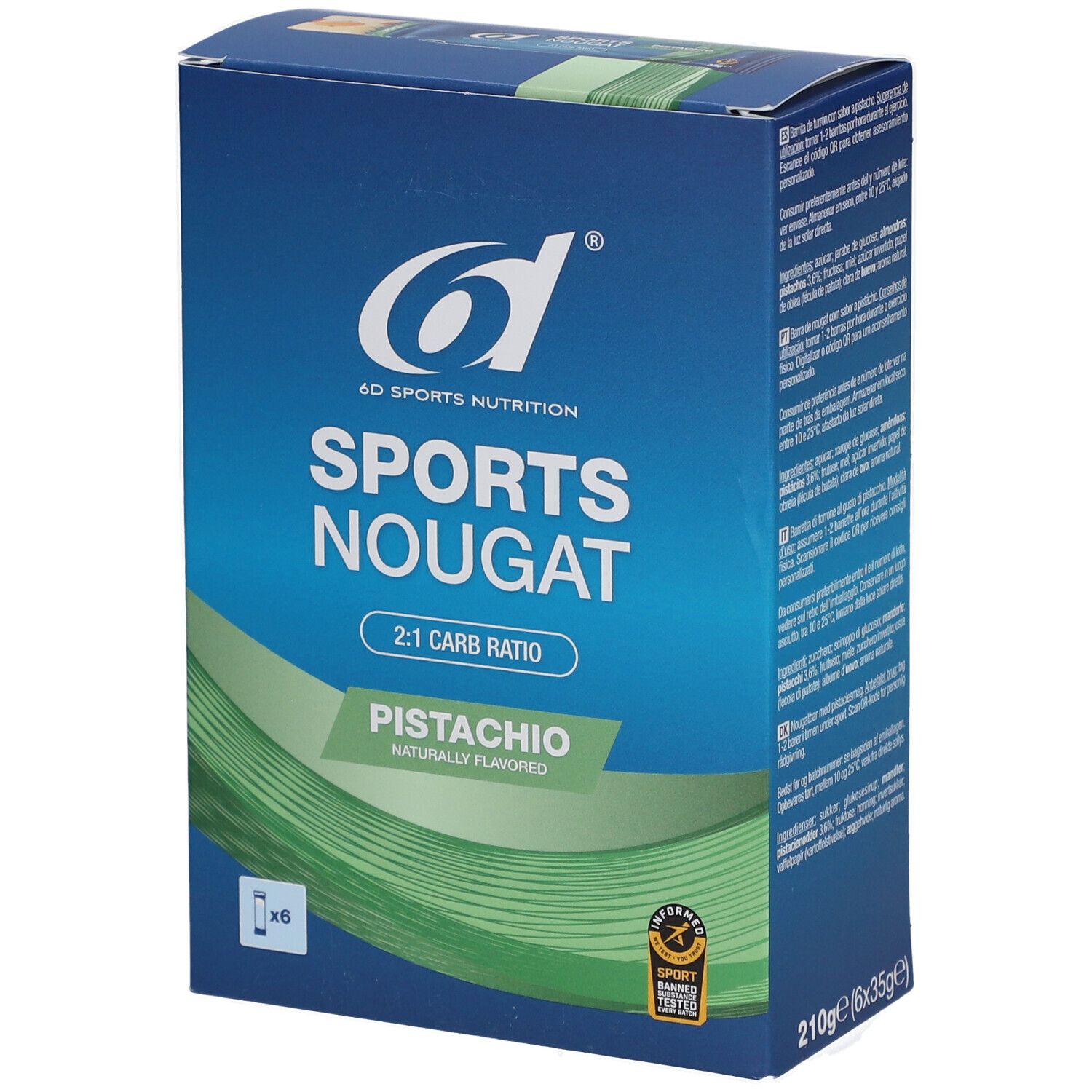 Boîte bleue "6D Sports Nutrition Sports Nougat Pistache". 210g, 6x35g. Certification sportive.
