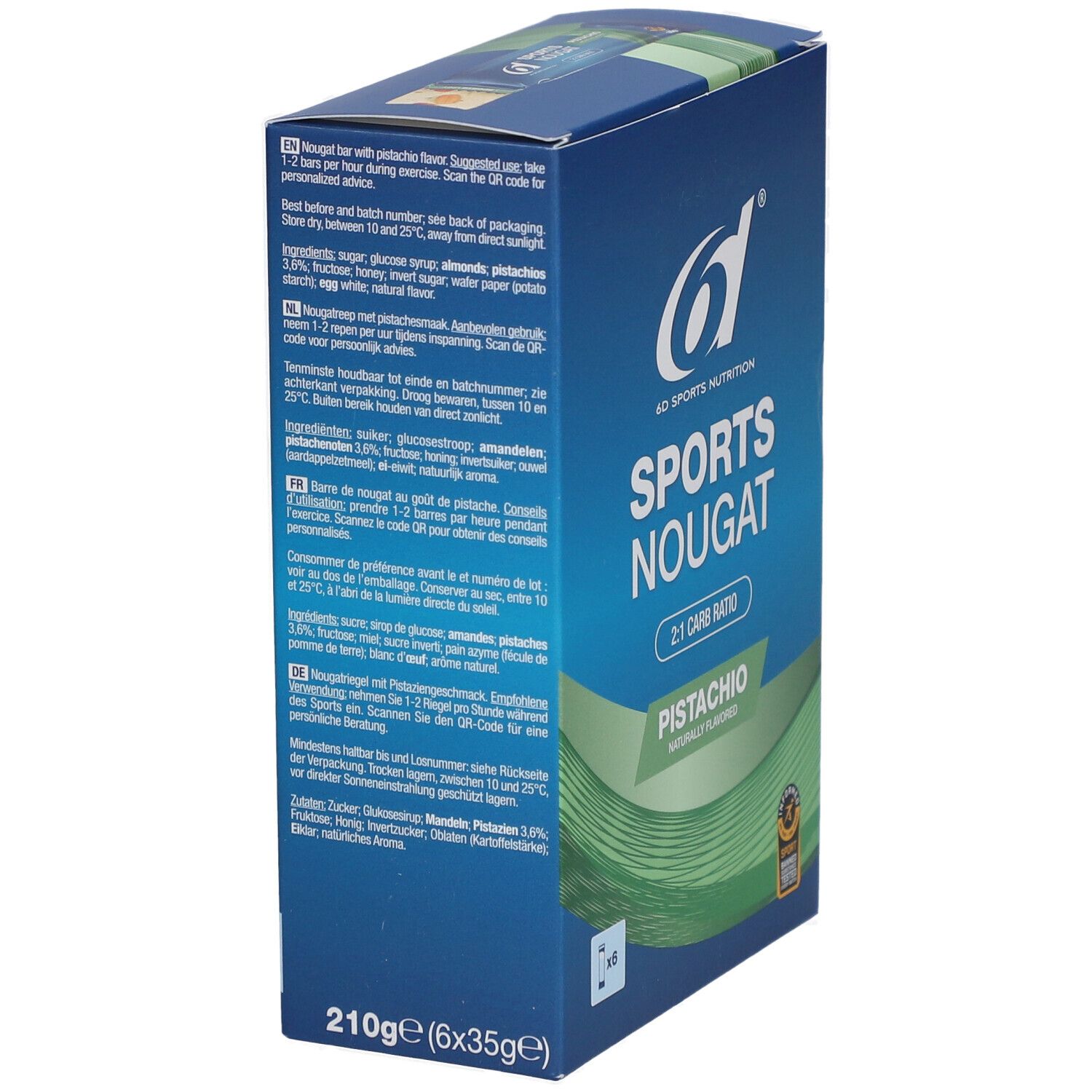 Boîte "6D Sports Nougat Pistache". Dos avec ingrédients, conseils d'utilisation et QR code. 210g.