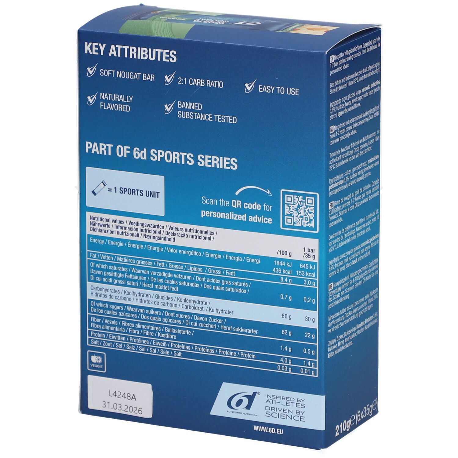 Dos de la boîte "6D Sports Nougat". Informations nutritionnelles, QR code pour conseils. 210g.