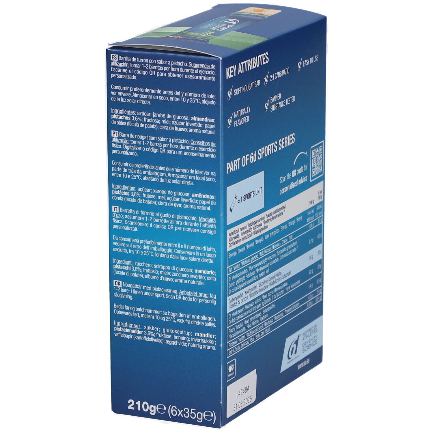 Dos de la boîte "6D Sports Nougat". Informations nutritionnelles, QR code pour conseils. 210g.