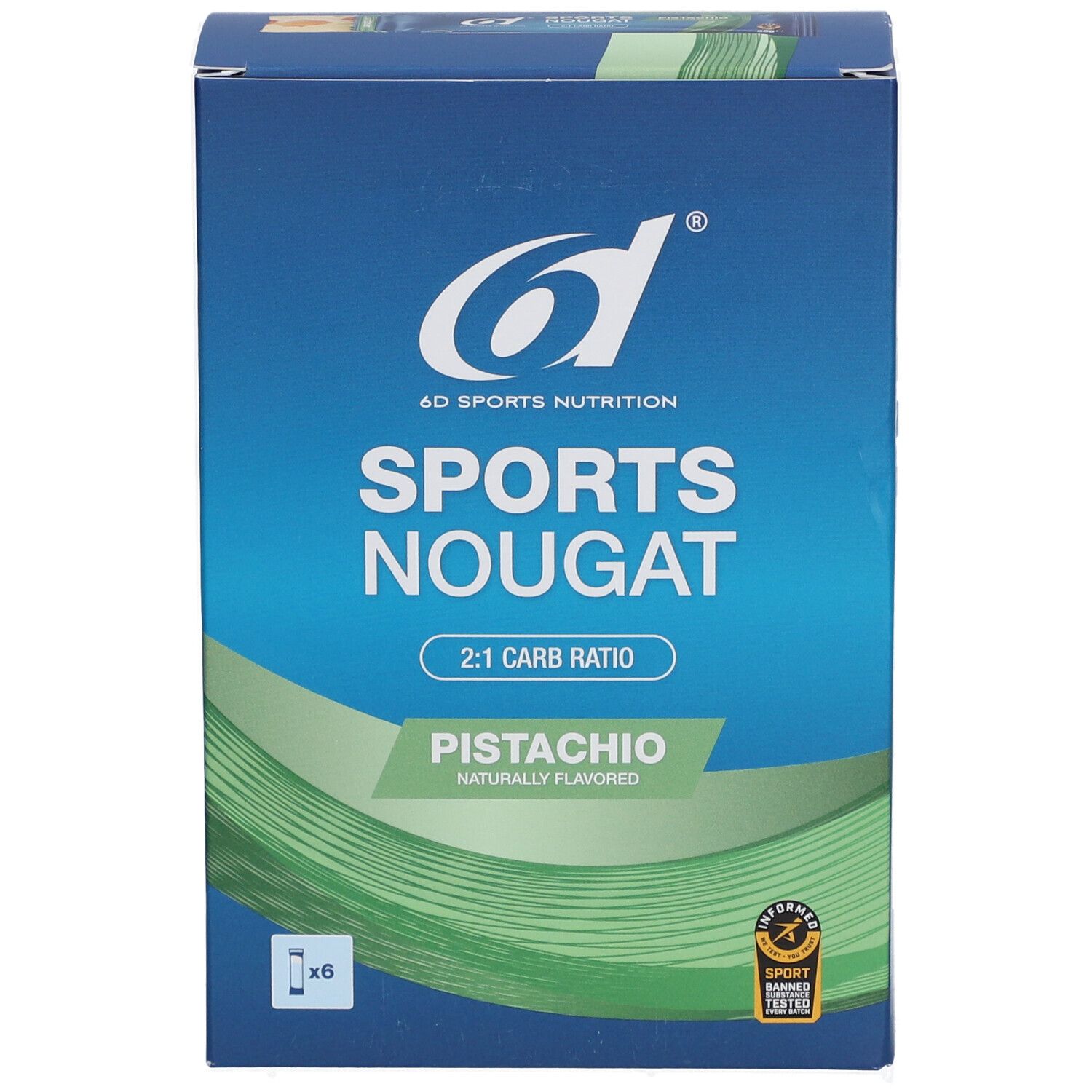 Boîte bleue "6D Sports Nougat Pistache". 2:1 Carb Ratio. Certification sportive.