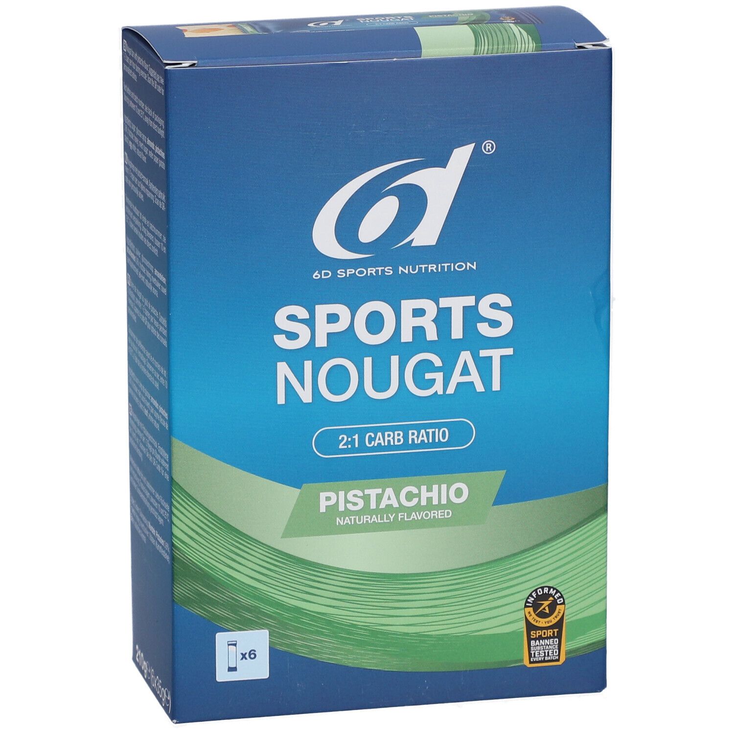 Boîte bleue "6D Sports Nougat Pistache". 2:1 Carb Ratio. Certification sportive.