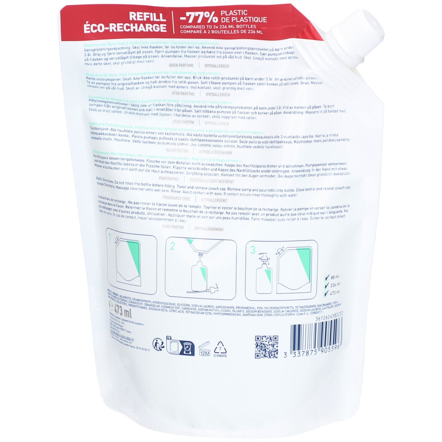 Nachfüllbeutel mit Anweisungen und Produktinformationen. Enthält 473 ml.
