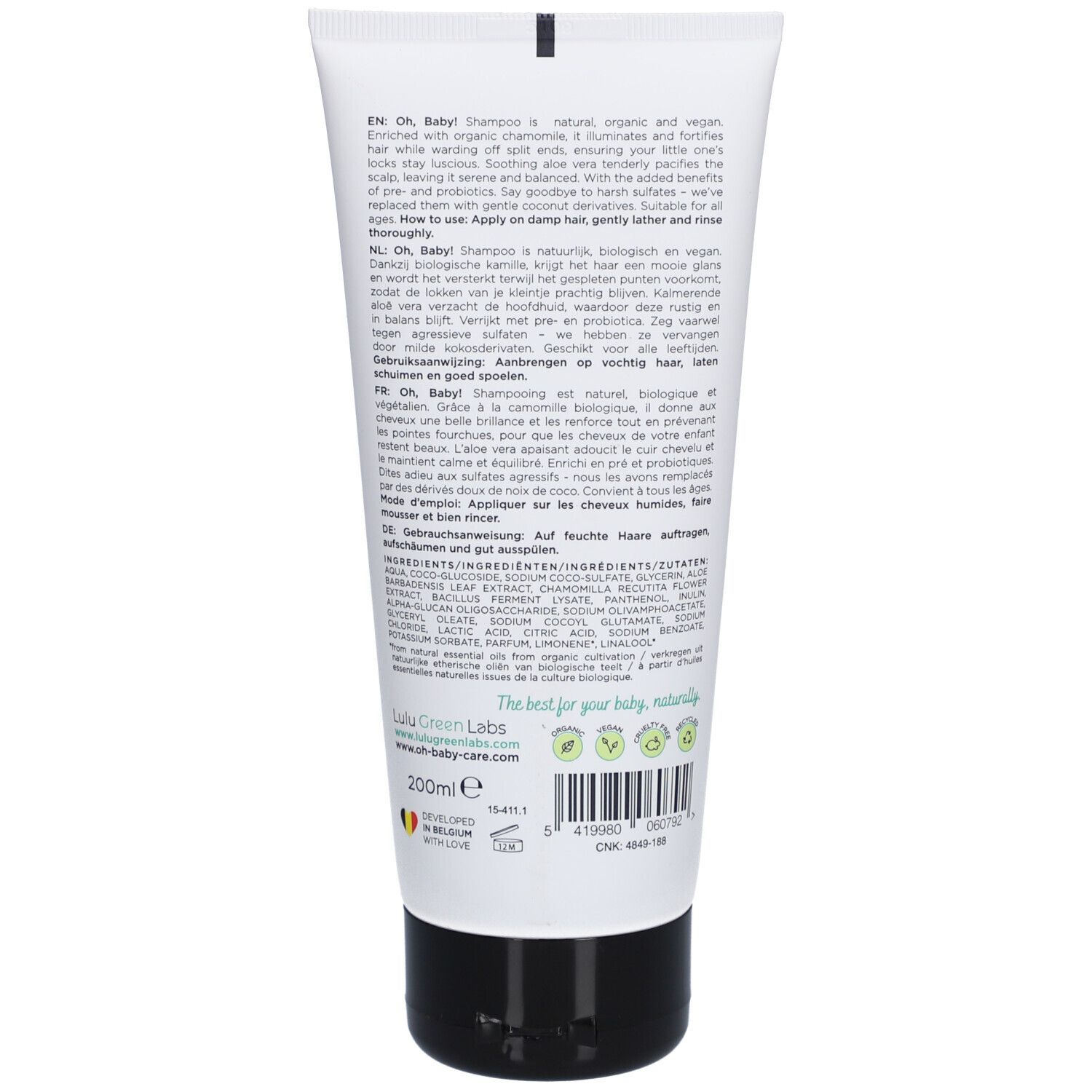 Rückseite der Tube. Text in Englisch, Deutsch, Französisch und Niederländisch. Logo "Lula Green Labs".