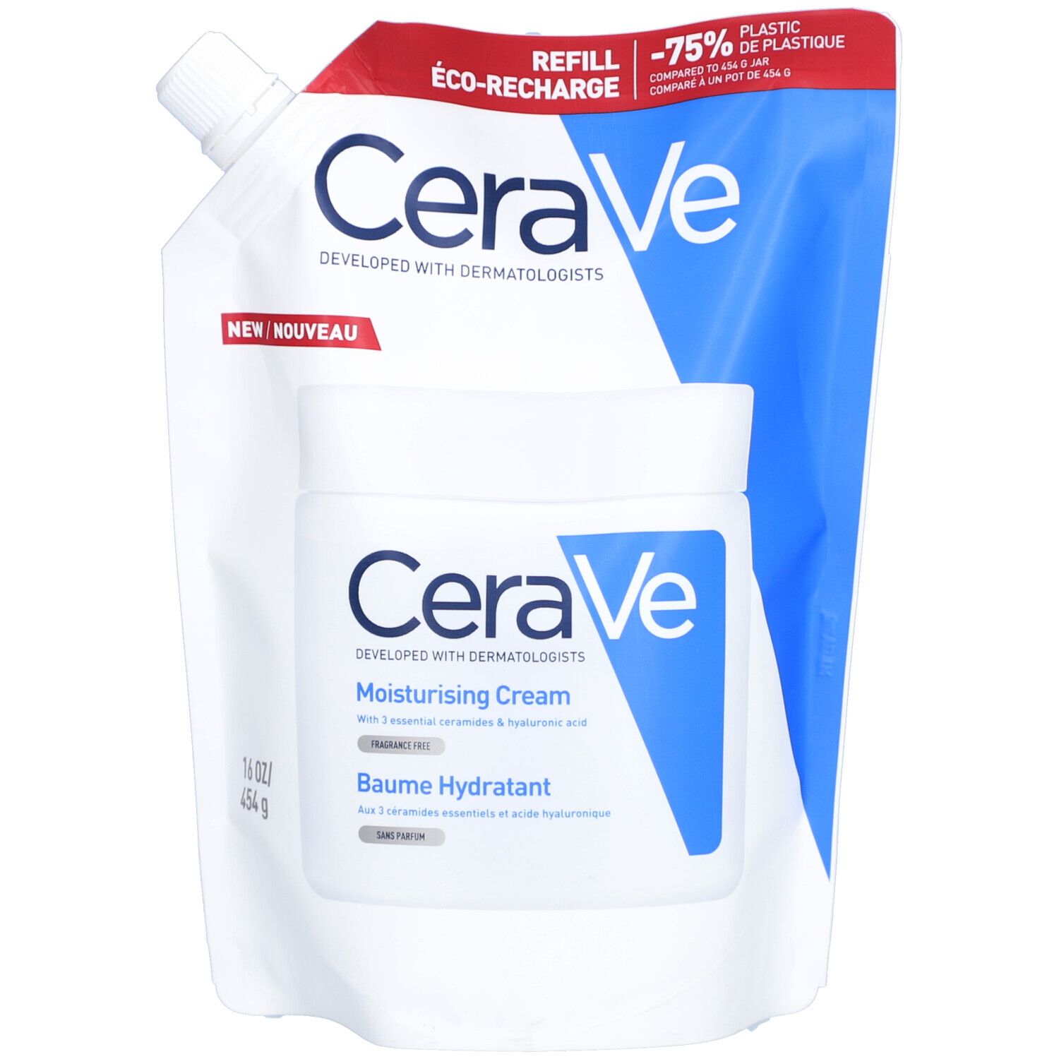 CeraVe Baume Hydratant und Nachfüllbeutel. Weißer Tiegel und Beutel mit blauer Schrift. Öko-Nachfüllung.