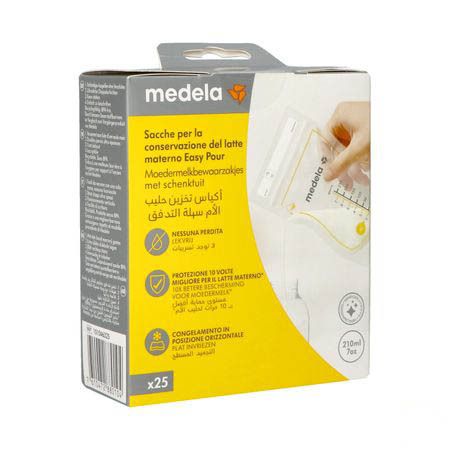 Boîte Medela pour sacs de conservation de lait maternel. Boîte jaune et blanche avec image du produit et texte multilingue. 25 sacs.