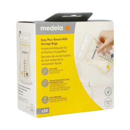 Medela bewaarzakjes doos. Geel-witte verpakking met productafbeelding en tekst. Bevat 50 zakjes. BPA-vrij.