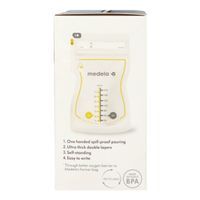Medela doos met productafbeelding. Geel-witte verpakking. Tekst: gemakkelijk gieten, dubbele lagen, zelfstandig, gemakkelijk te beschrijven. BPA-vrij.