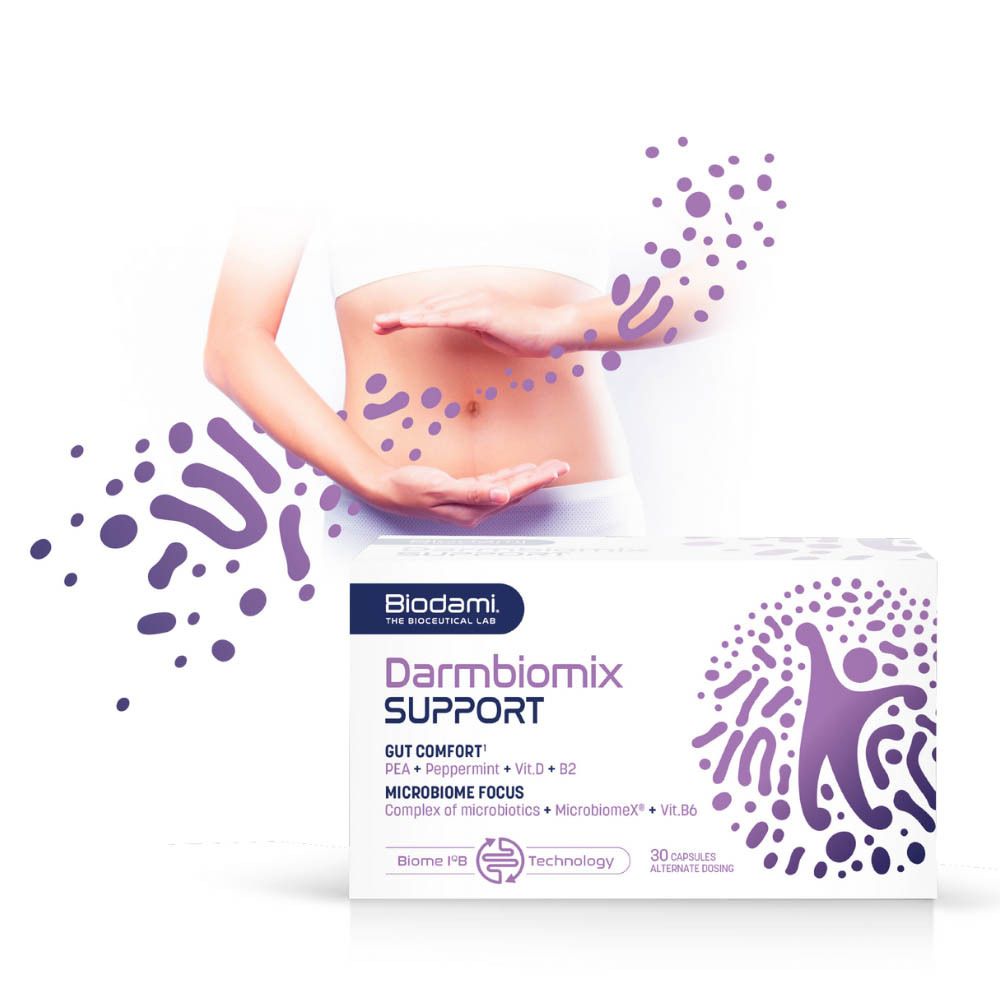 Vrouw houdt handen op buik. Darmbiomix Support-verpakking. Illustratie van darmbacteriën.
