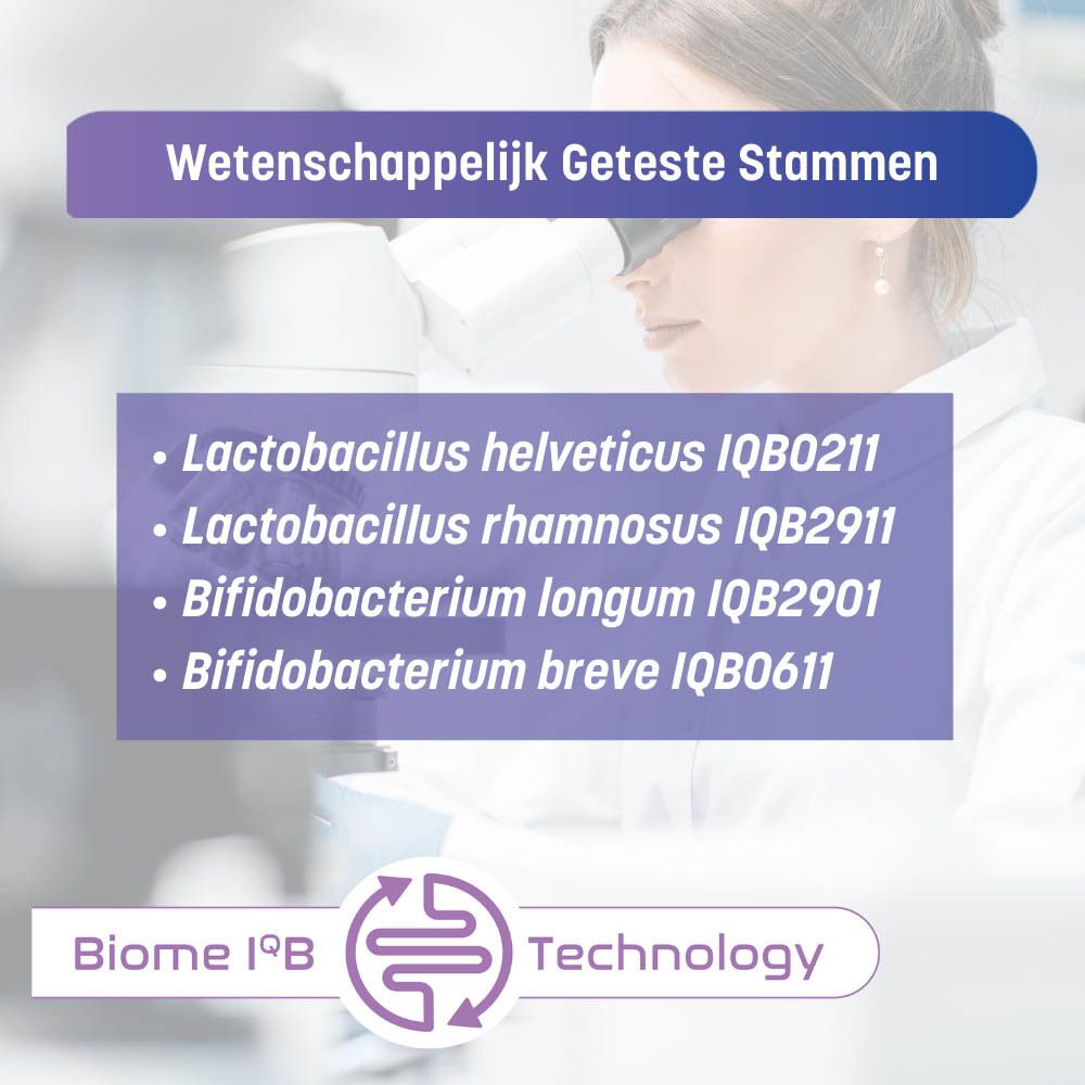 Infographic: Wetenschappelijk gevalideerde microbiotische stammen. Microscoop en tekst.