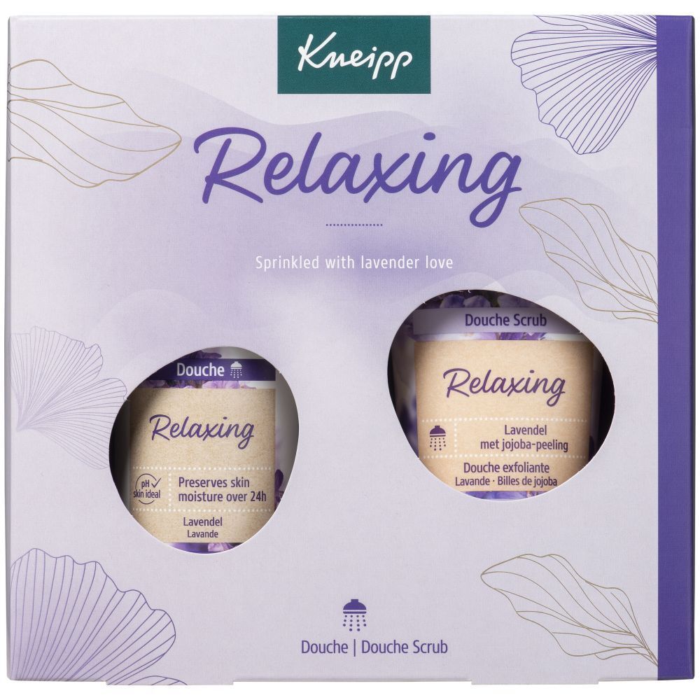 Coffret cadeau avec deux produits. Design violet et blanc avec nom du produit et motif lavande. Contient gel douche et gommage.