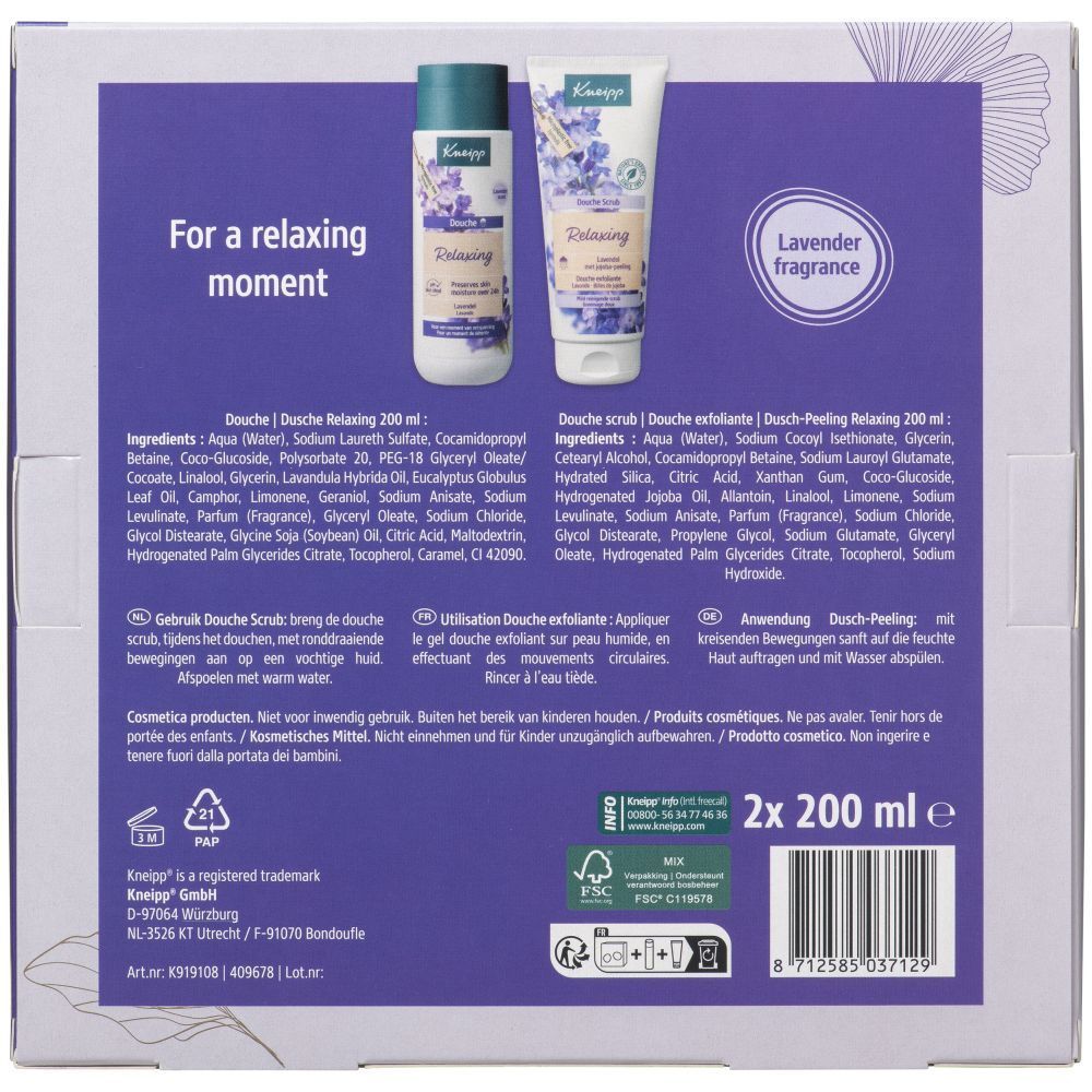 Dos du coffret cadeau. Contient informations produit, ingrédients, instructions et détails fabricant. 2x 200 ml.