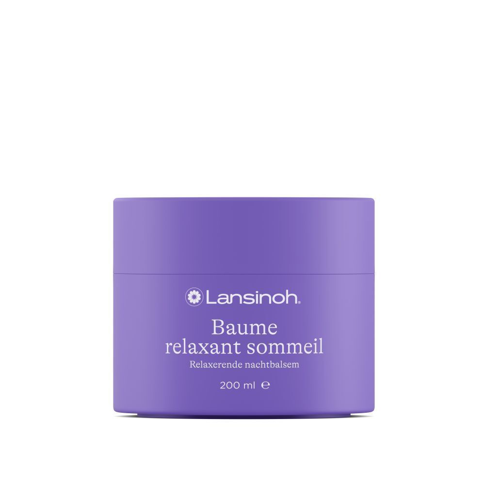 Pot violet avec couvercle blanc. Texte: Lansinoh, Baume relaxant sommeil, 200 ml.