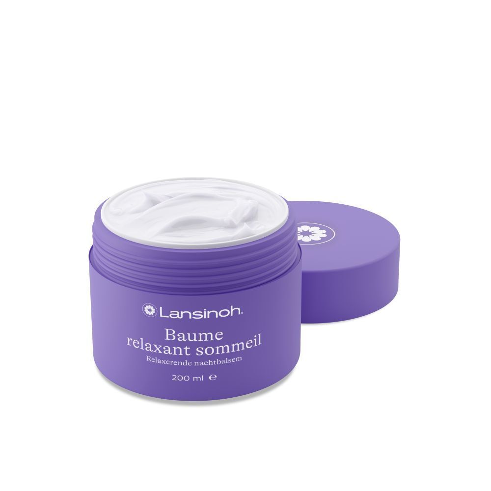 Pot violet avec couvercle ouvert. Produit blanc visible. Texte: Lansinoh, Baume relaxant sommeil, 200 ml.
