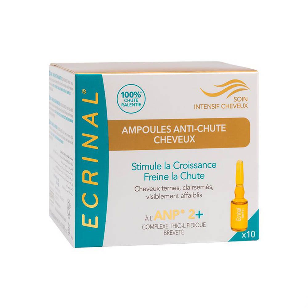 Boîte ECRINAL Ampoules Anti-Chute. Contient 10 ampoules. Inscription: 100% Chute Ralentie. Une ampoule est visible.