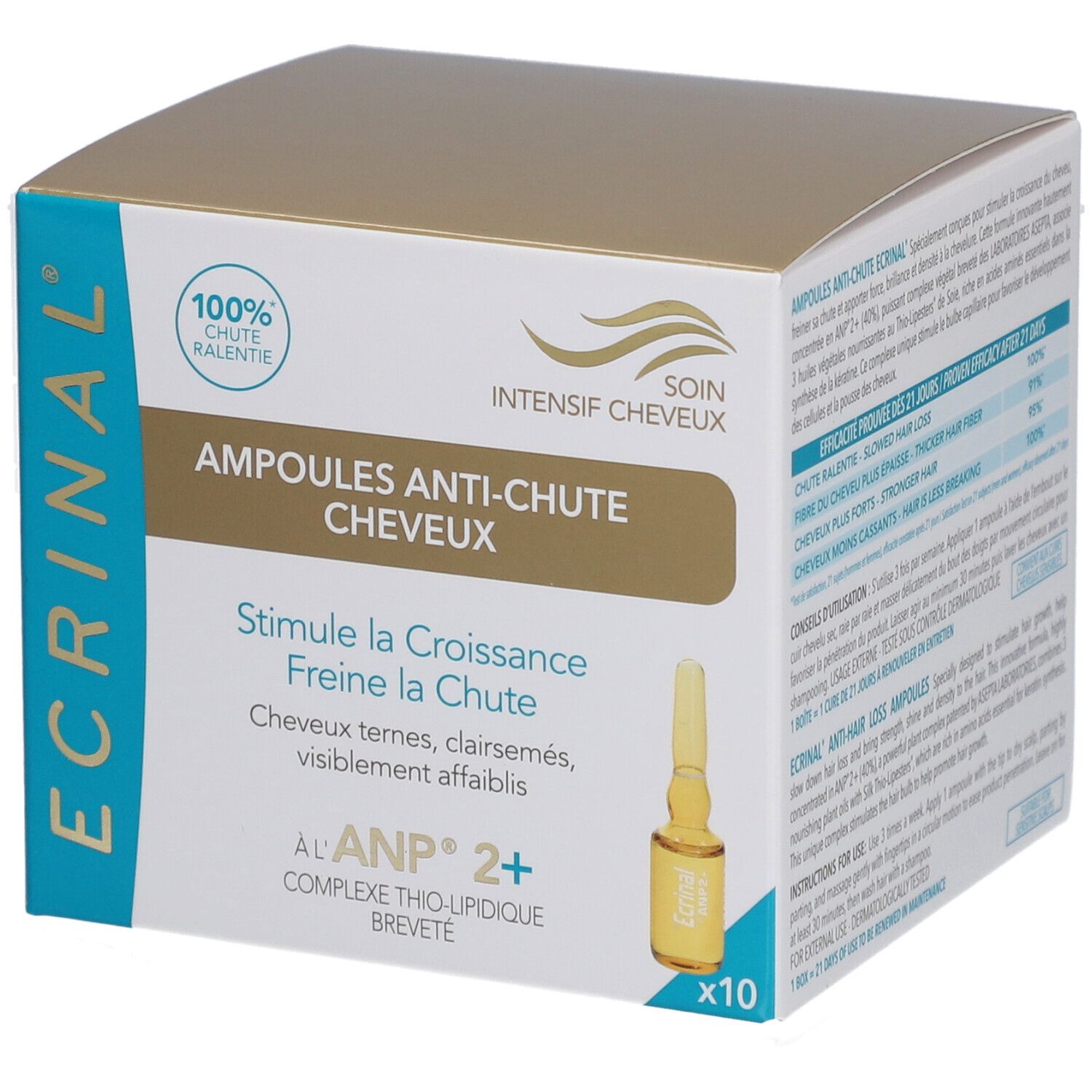 Boîte ECRINAL Ampoules Anti-Chute. Contient 10 ampoules. Inscription: 100% Chute Ralentie. Une ampoule est visible.