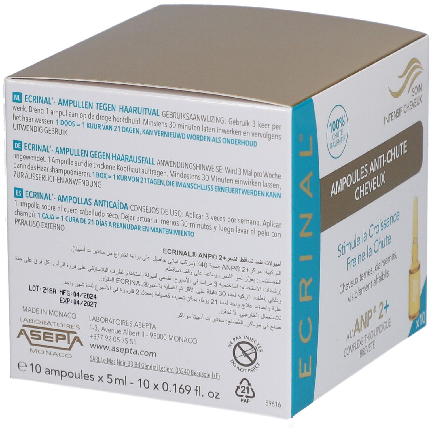 Dos de la boîte ECRINAL Ampoules Anti-Chute. Informations multilingues. Contient 10 ampoules.