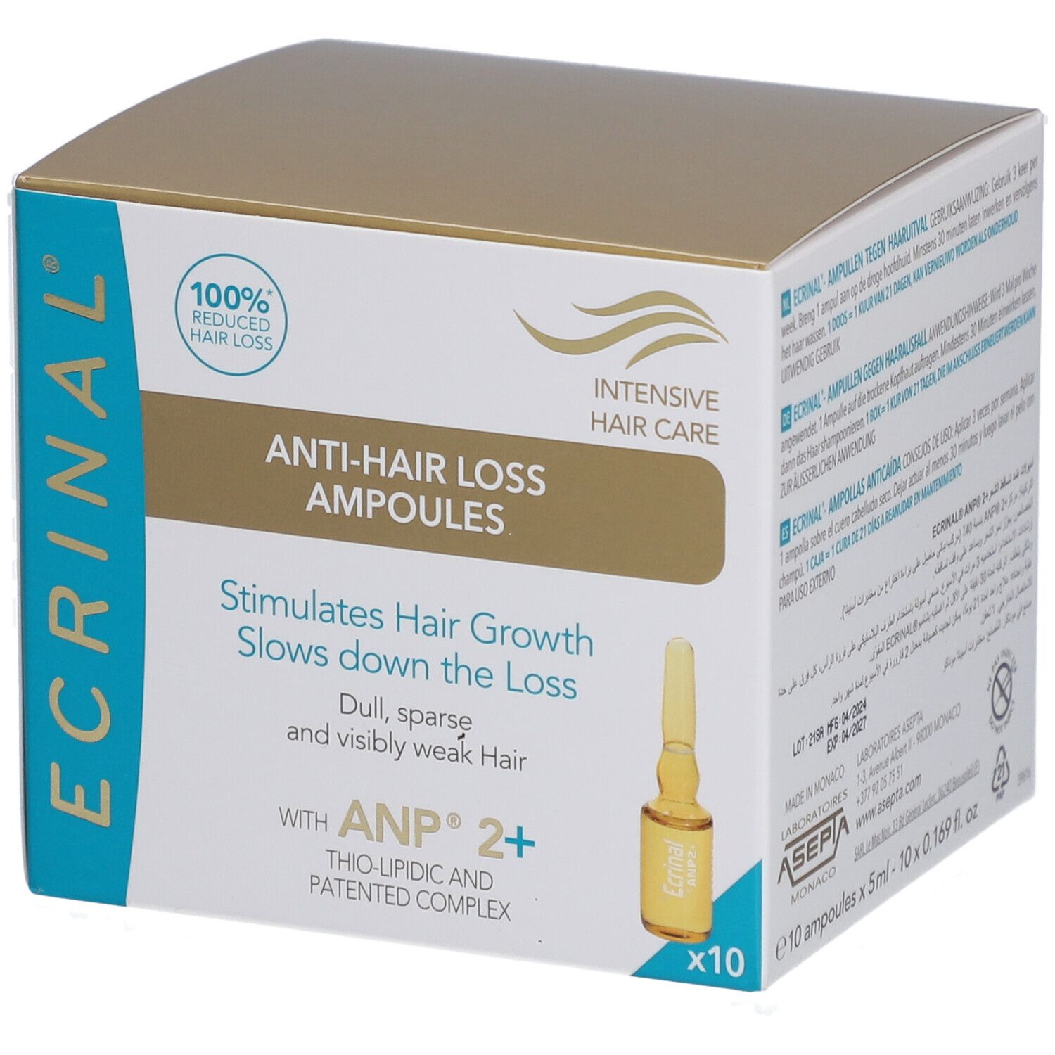 Boîte ECRINAL Anti-Hair Loss Ampoules. Contient 10 ampoules. Inscription: 100% Réduction de la perte de cheveux. Une ampoule est visible.