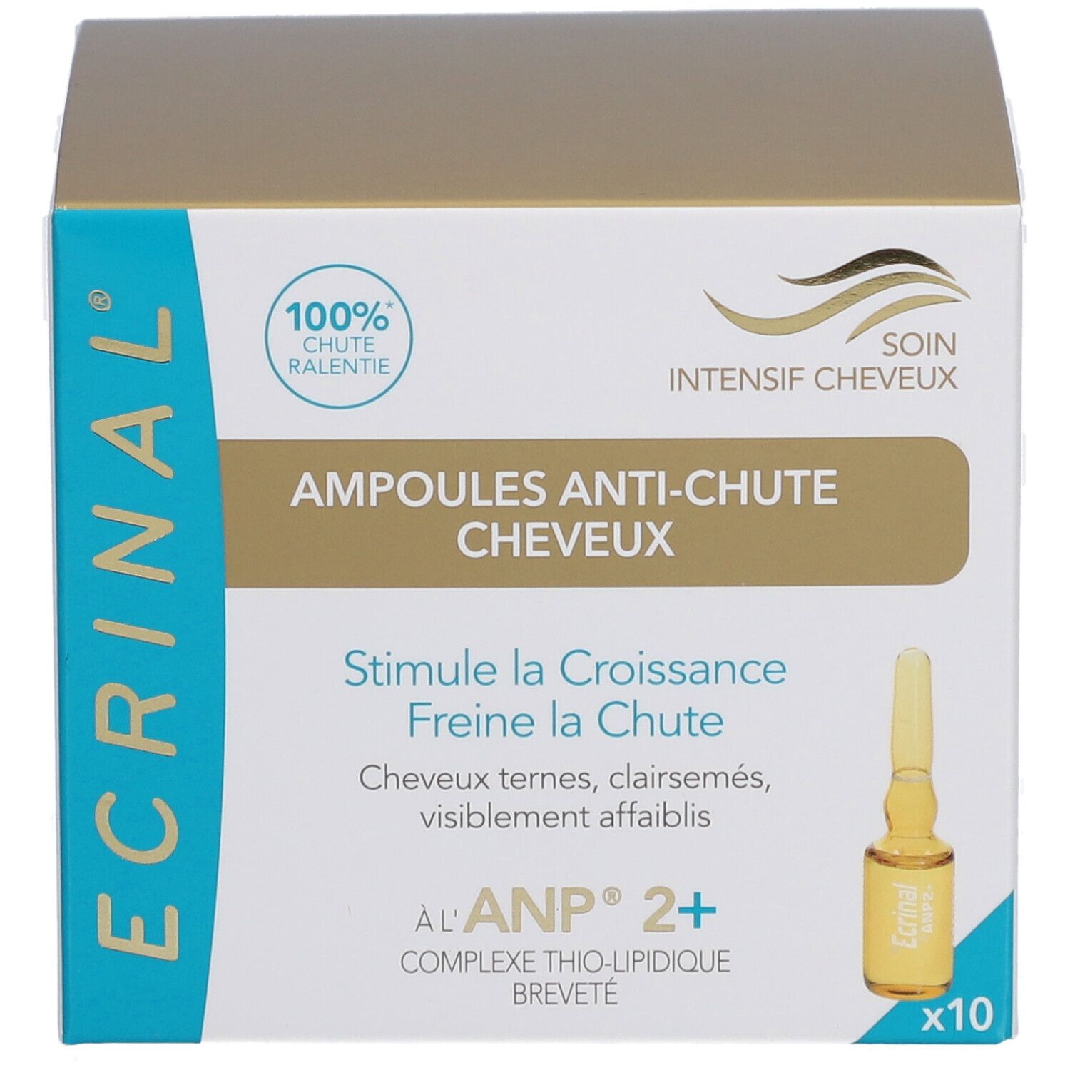 Boîte ECRINAL Ampoules Anti-Chute. Contient 10 ampoules. Inscription: 100% Chute Ralentie. Une ampoule est visible.