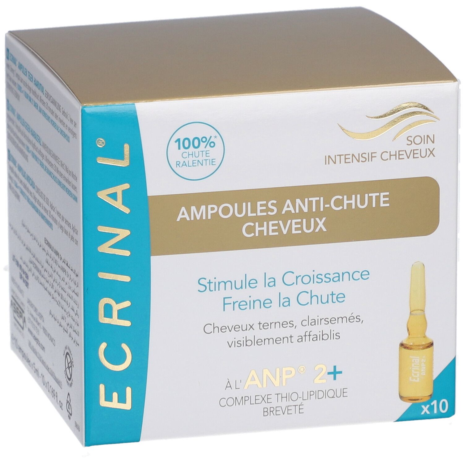 Boîte ECRINAL Ampoules Anti-Chute. Contient 10 ampoules. Inscription: 100% Chute Ralentie. Une ampoule est visible.