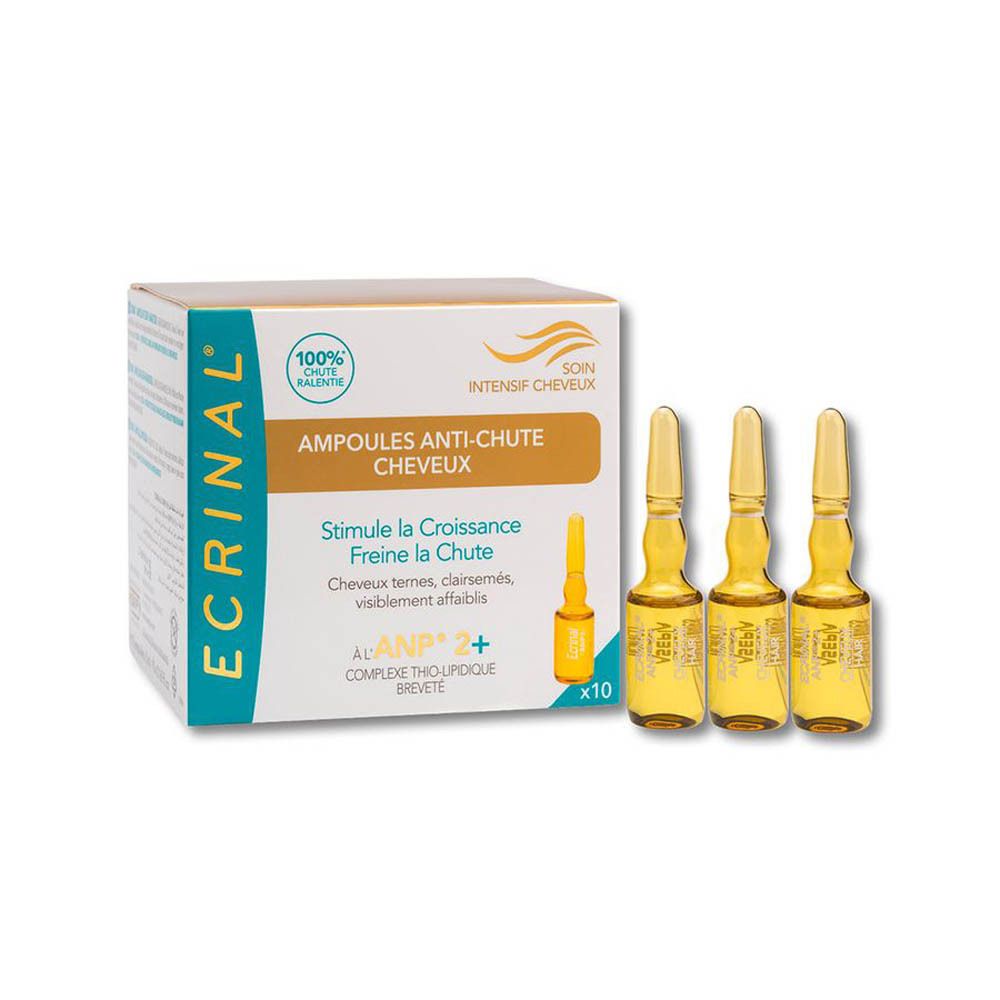 Boîte ECRINAL Ampoules Anti-Chute. Contient 10 ampoules. Inscription: 100% Chute Ralentie. 4 ampoules sont visibles.
