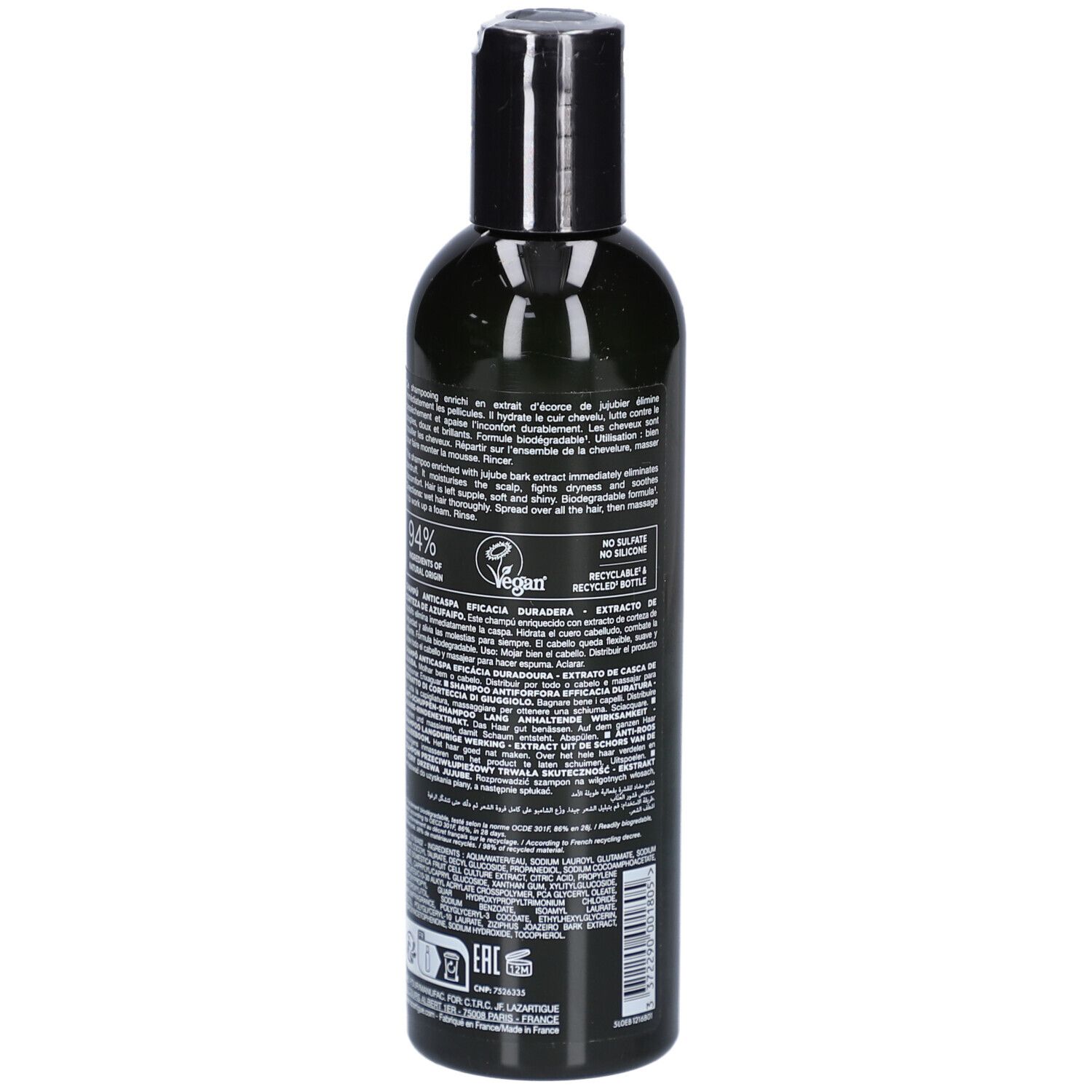Schwarze Flasche mit Etikett, das Inhaltsstoffe und Siegel wie Vegan und Recycling zeigt.